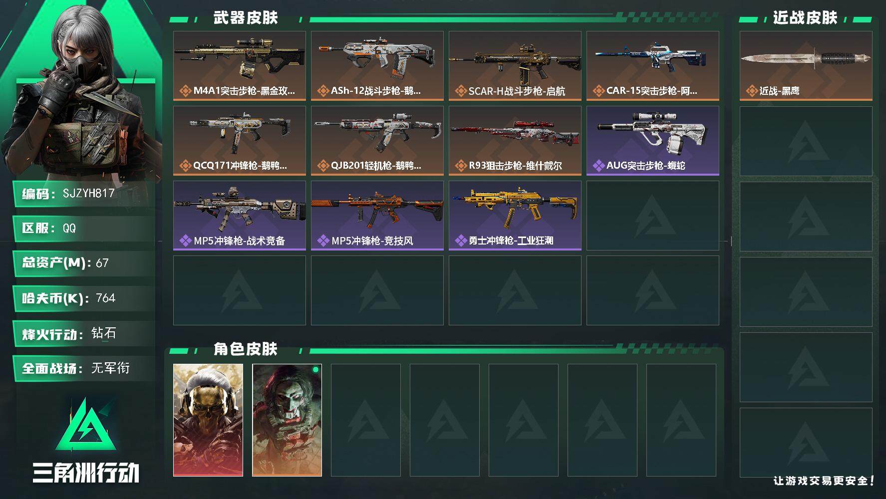 三角洲行动账号QQ【SJZYH817】总资产(M)：67M/哈夫币(K)：764K/哈夫币(K)：764K/全面战场等级：3_段位：无段位/烽火地带等级：60_段位：钻石/非洲之心/红狼-蚀金玫瑰/红狼-电锯惊魂/近