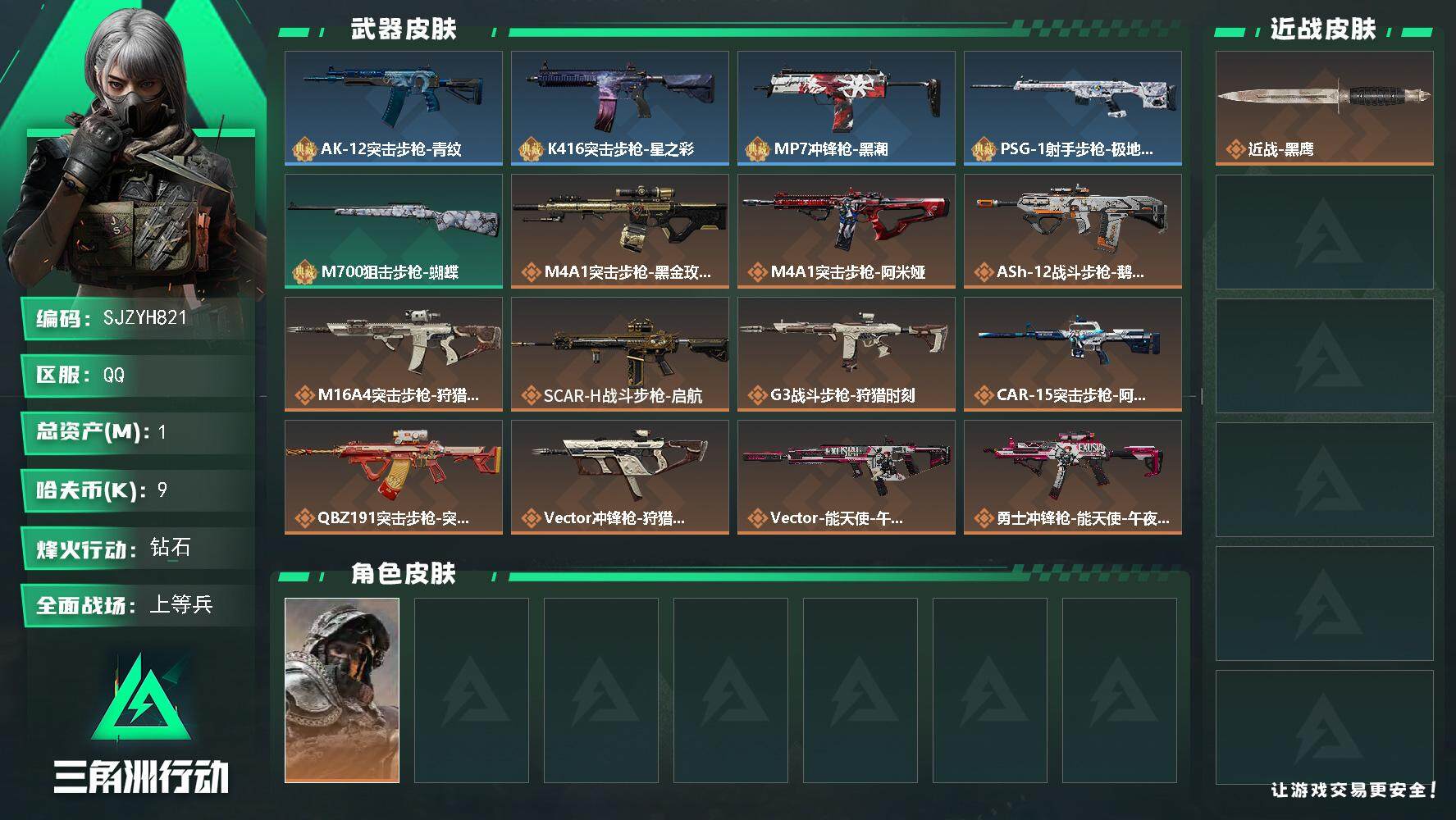三角洲行动账号QQ【SJZYH821】总资产(M)：1M/哈夫币(K)：9K/哈夫币(K)：9K/全面战场等级：30_