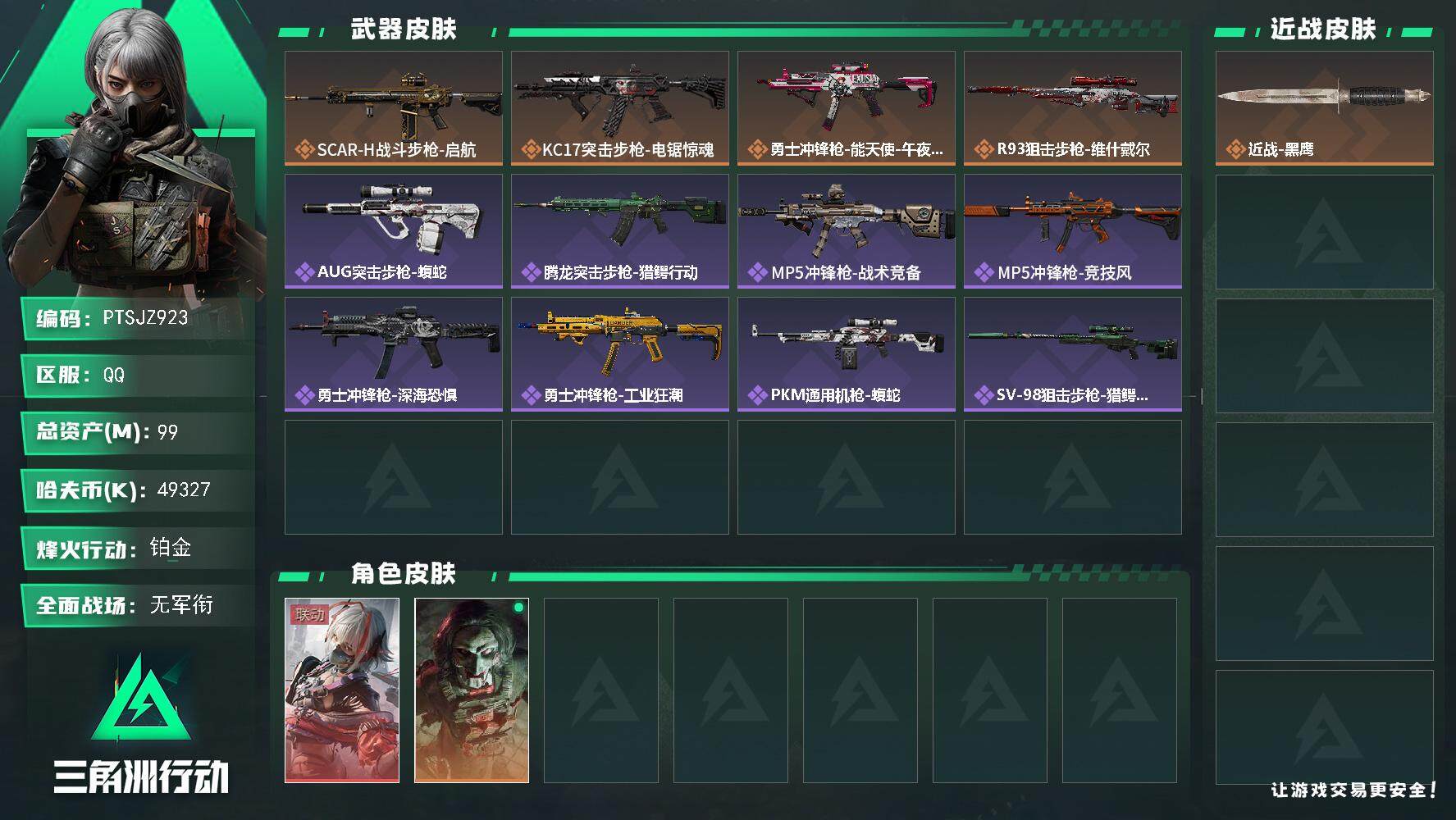 三角洲行动账号QQ【PTSJZ923】49327k哈伏币-92m流动资产-46烽火等级-铂金-3战场等级-无军衔
【干