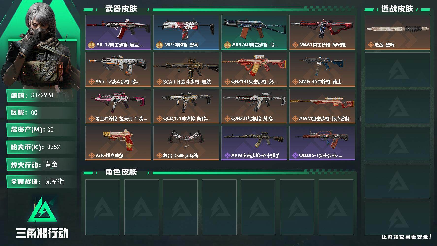 三角洲行动账号QQ【SJZ2928】总资产(M)：30M/哈夫币(K)：3352K/哈夫币(K)：3352K/全面战场