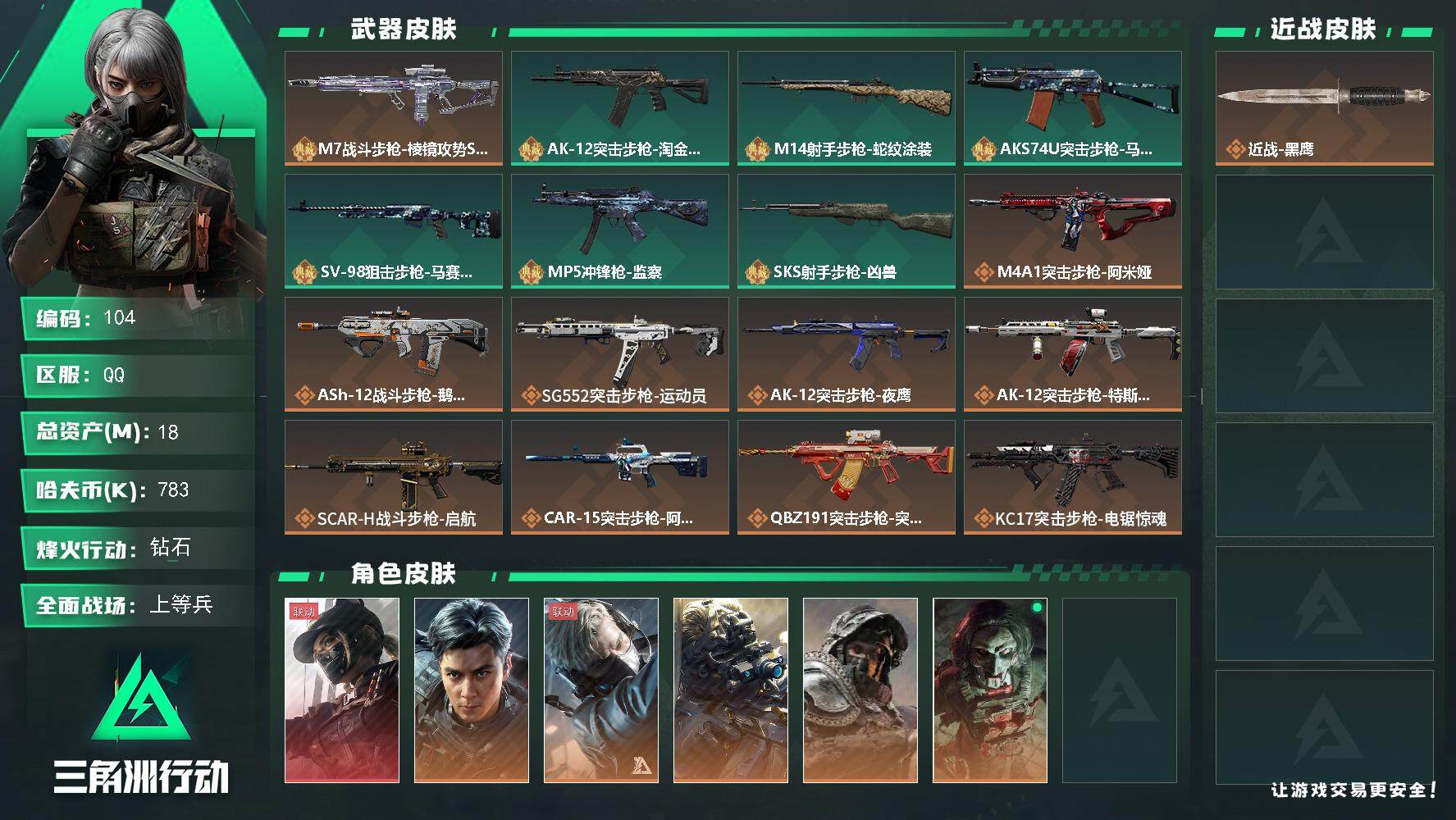 三角洲行动账号QQBL783k哈伏币-18m流动资产-60烽火等级-钻石-22战场等级-上等兵
【6干员皮 飞虎 M7