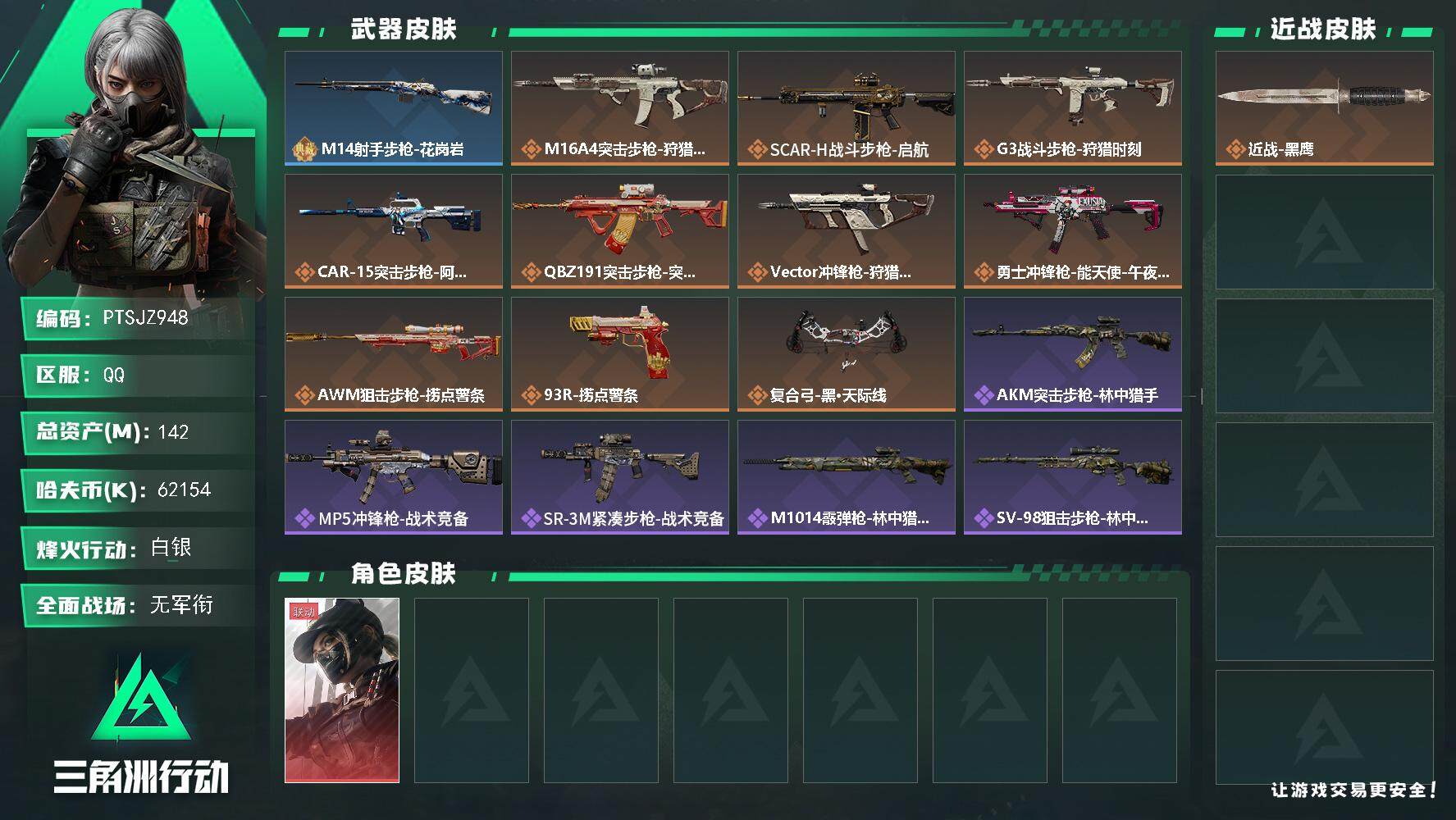 三角洲行动账号QQ【PTSJZ948】62154k哈伏币-113m流动资产-60烽火等级-白银-4战场等级-无军衔
【