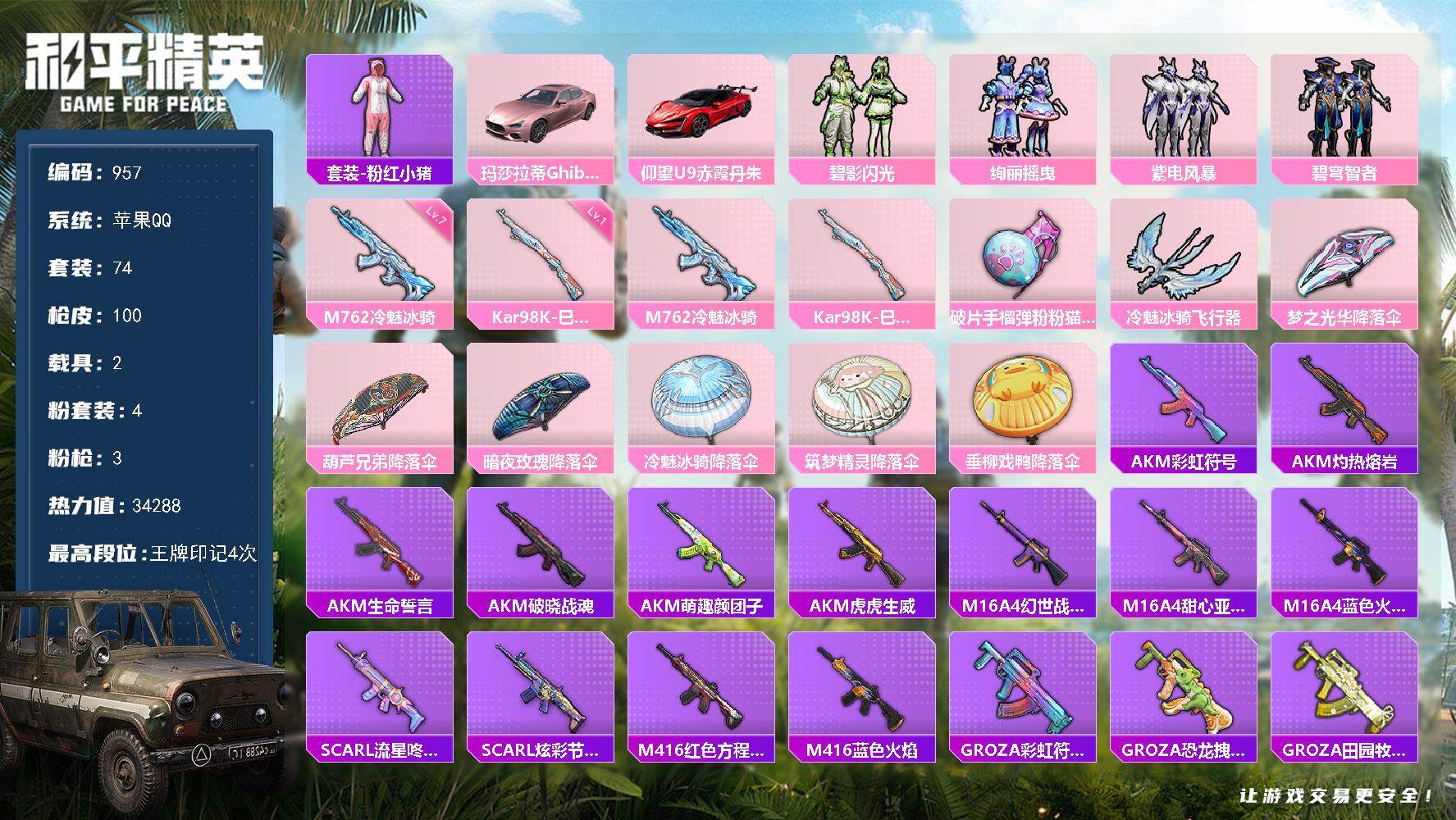 和平精英账号苹果QQ2载具-74套装-100枪皮-74套装/枪械3/装备114/载具2/战备72/王牌印记4/热力值34