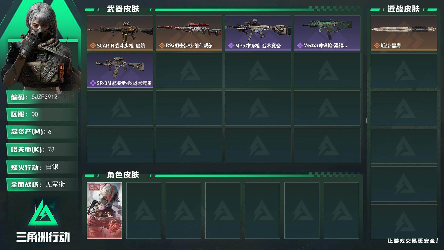 三角洲行动账号QQ【SJZF3912】总资产(M)：6M/哈夫币(K)：78K/哈夫币(K)：78K/全面战场等级：1