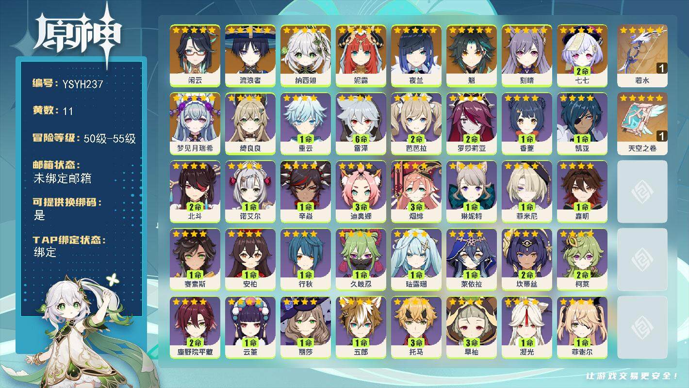 原神账号官服 天空岛【YSYH237】55级/11黄/男主/11个五星角色/0命梦见月瑞希/0命闲云/0命流浪者/0命纳西妲/0命妮露/0命夜兰/0命魈/0命刻晴/2命七七/精1若水/精1天空之卷/0命爱诺/0命伊安珊