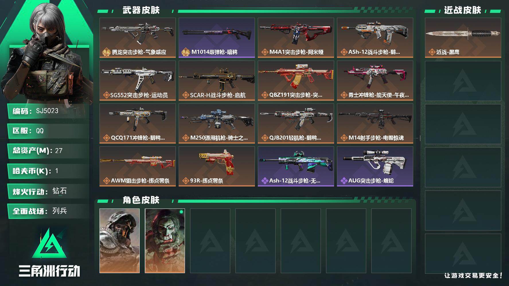 三角洲行动账号QQ【SJ5023】总资产(M)：27M/哈夫币(K)：1K/哈夫币(K)：1K/全面战场等级：9_段位