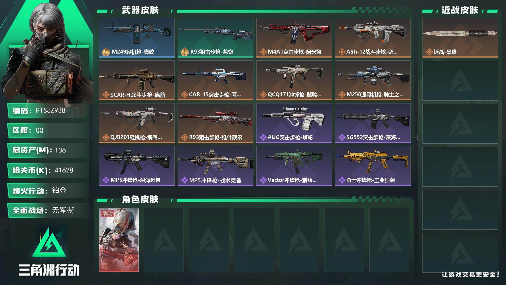 三角洲行动账号QQ【PTSJZ938】41628k哈伏币-136m流动资产-60烽火等级-铂金-1战场等级-无军衔
【