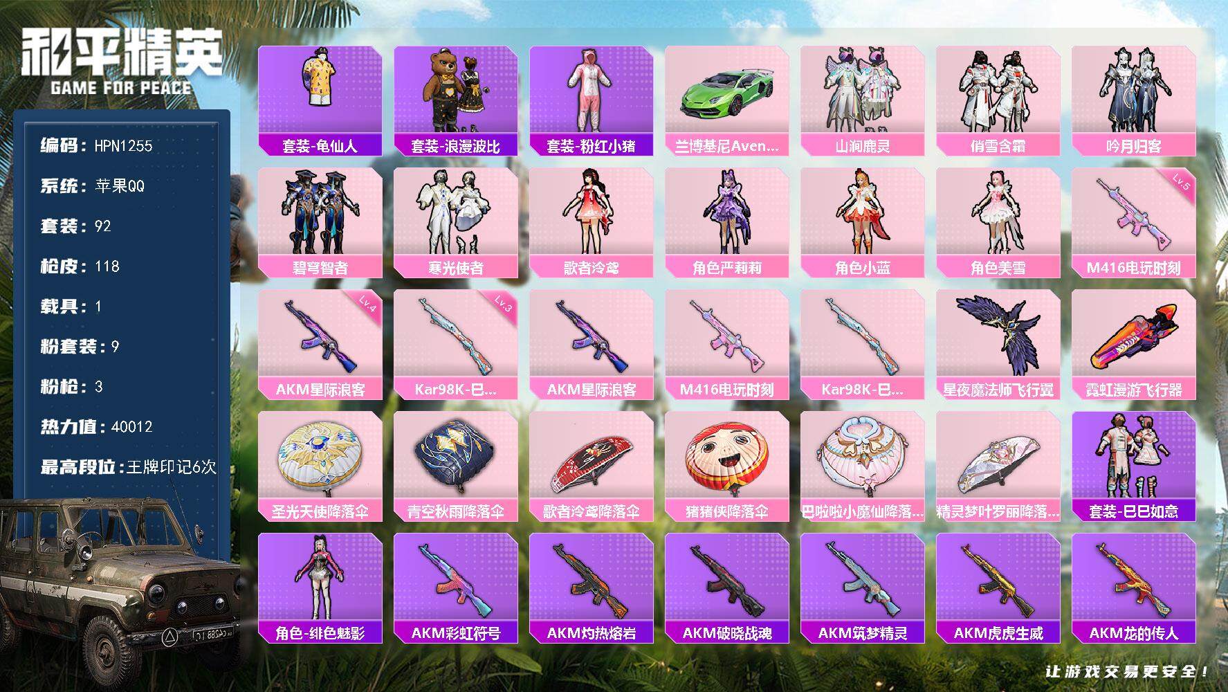 和平精英账号苹果QQ1载具-92套装-118枪皮-【HPN1255】92套装/枪械3/装备154/载具1/战备99/王牌