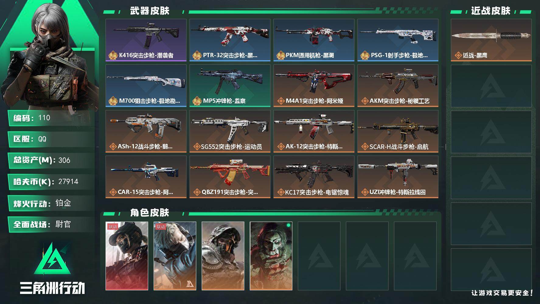 三角洲行动账号QQBL27914k哈伏币-306m流动资产-60烽火等级-铂金-50战场等级-尉官
【306m总资产！