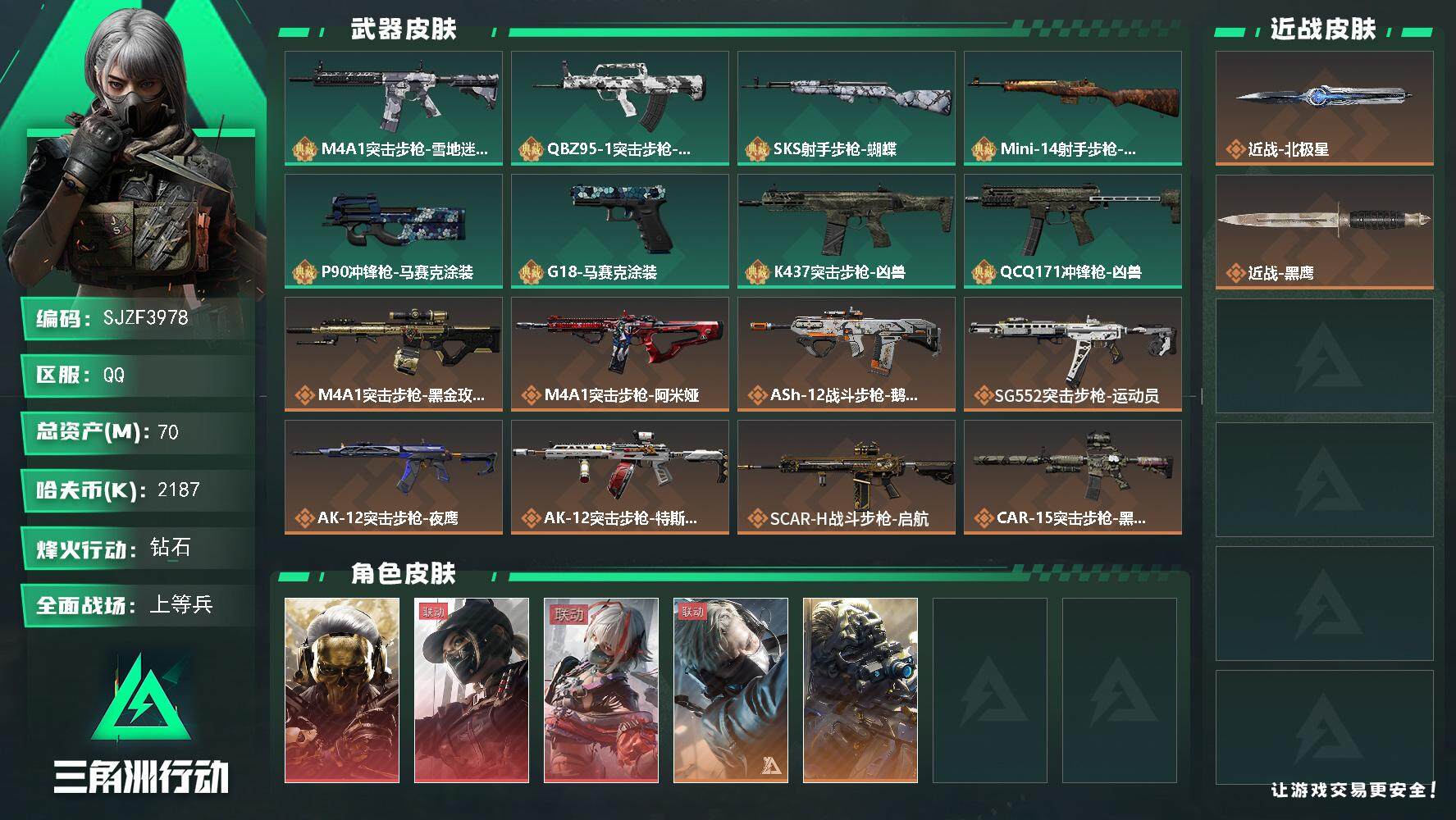 三角洲行动账号QQ【SJZF3978】总资产(M)：70M/哈夫币(K)：2187K/哈夫币(K)：2187K/全面战场等级：20_段位：上等兵/烽火地带等级：60_段位：钻石/红狼-蚀金玫瑰/露娜-黑·天际线/骇爪