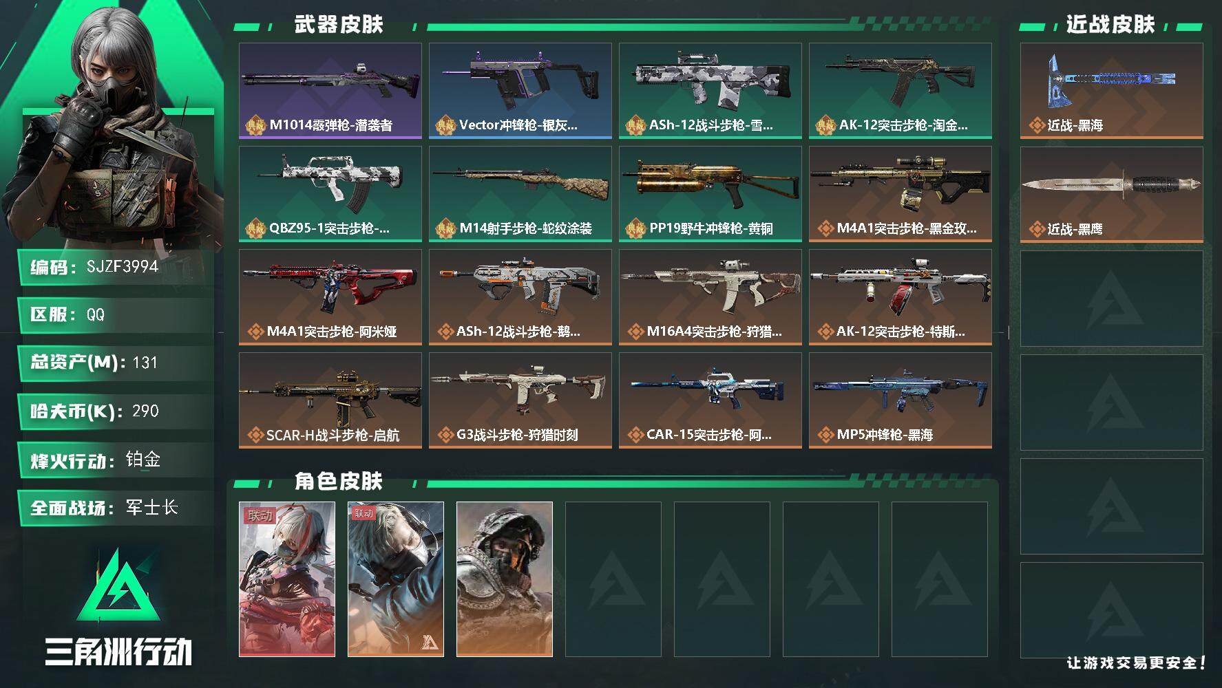 三角洲行动账号QQ【SJZF3994】总资产(M)：131M/哈夫币(K)：290K/哈夫币(K)：290K/全面战场