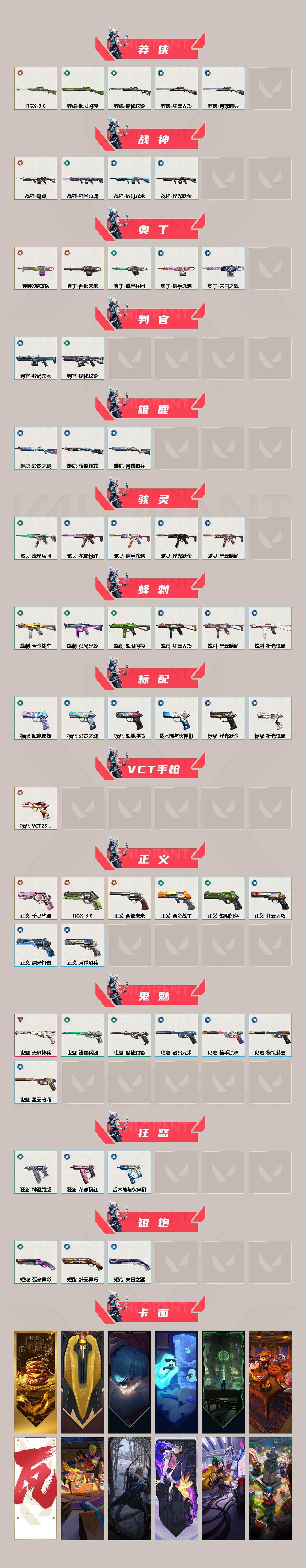 【套装】：西部未来套装，RGX 11z Pro//3.0套装，无畏启程套装
【英雄】：幻棱，炼狱，维斯，暮蝶，钛狐，壹决，铁臂，捷风，雷兹，幽影，不死鸟，贤者，猎枭，蝰蛇，零，芮娜，奇乐，尚勃勒，霓