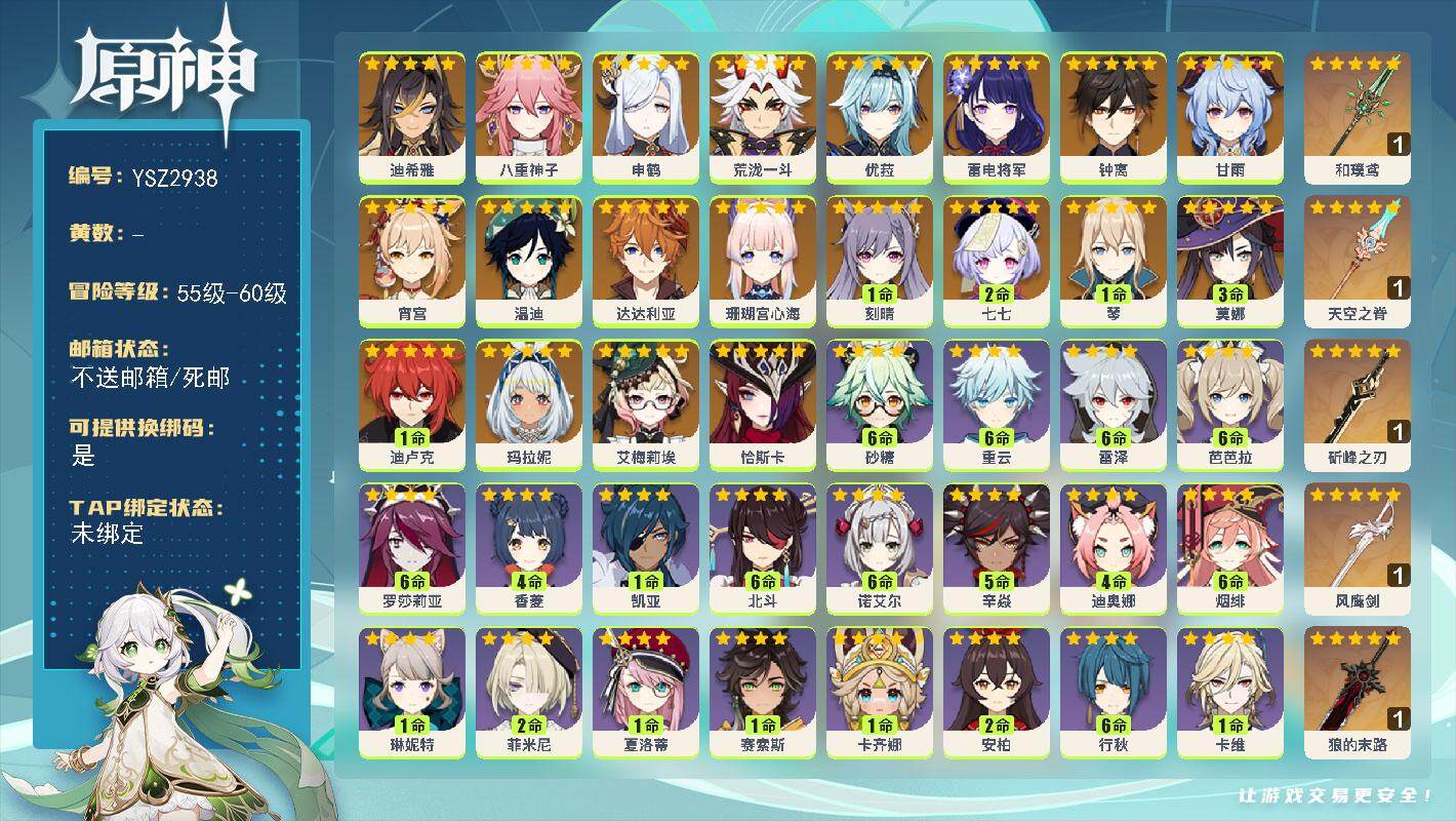 原神账号官服 天空岛【YSZ2938】58级/男主/22个五星角色/5个五星武器/0命恰斯卡/0命玛拉妮/0命艾梅莉埃/0命迪希雅/0命八重神子/0命申鹤/0命荒泷一斗/0命珊瑚宫心海/0命雷电将军/0命宵宫/0命优菈