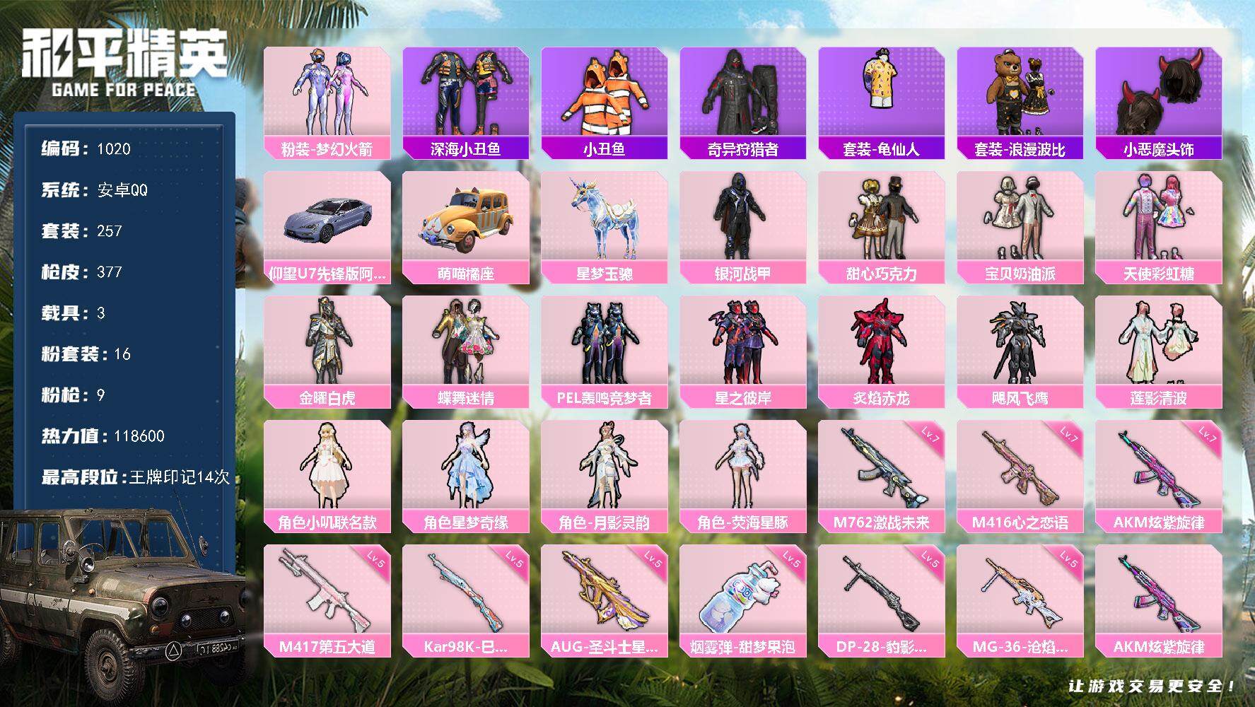 和平精英账号安卓QQ3载具-257套装-377枪皮-257套装/枪械9/装备444/载具3/战备244/王牌印记14/热
