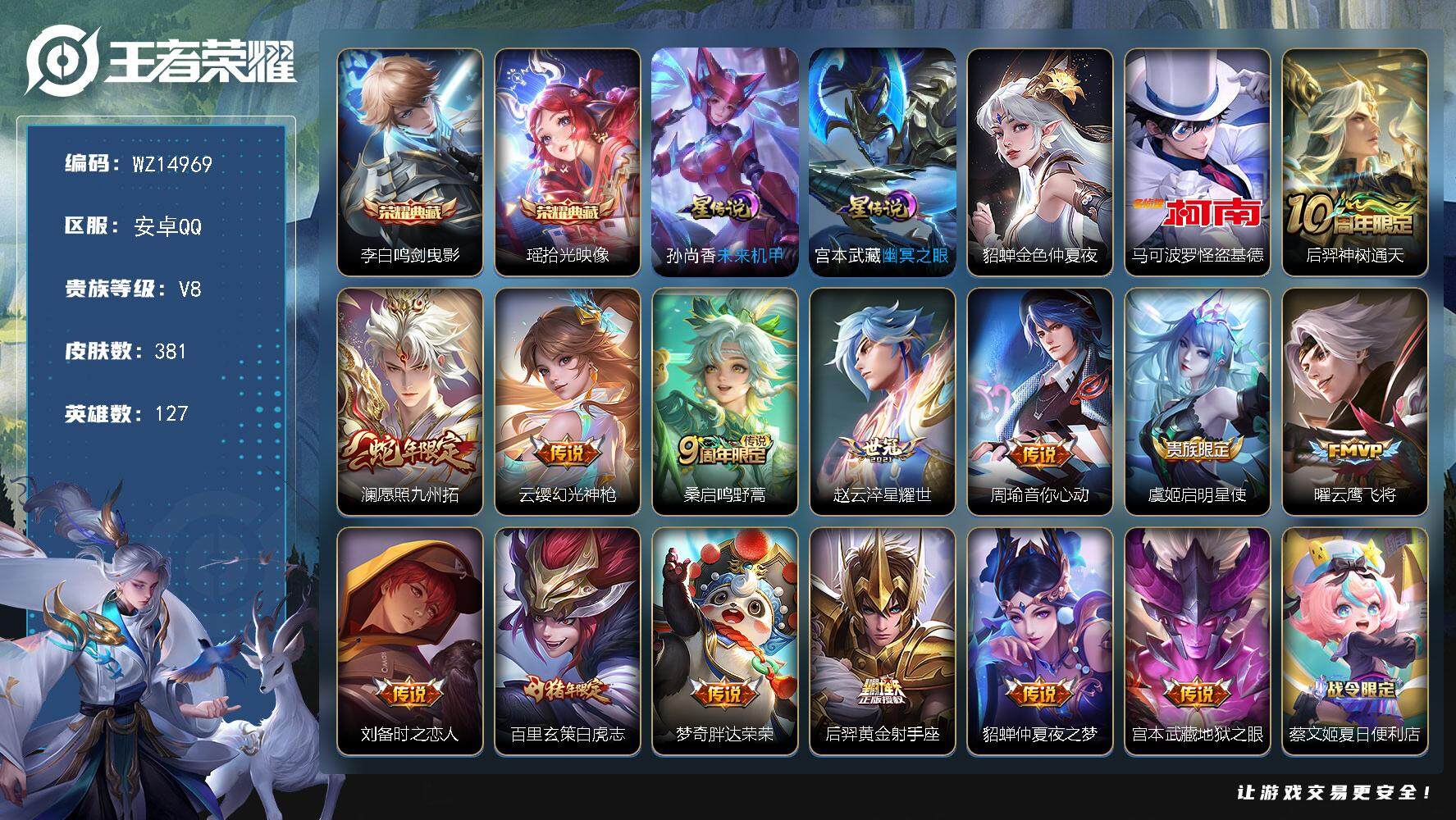 王者荣耀账号安卓QQ【WZ14969】HCA50546，，，马可基德/瑶李白典藏/安卓Q-V8-最强王者段位-127英雄-381皮肤-2典藏-0珍品无双-0无双-1珍品传说-14传说-112史诗
【英雄全皮】：刘邦全皮