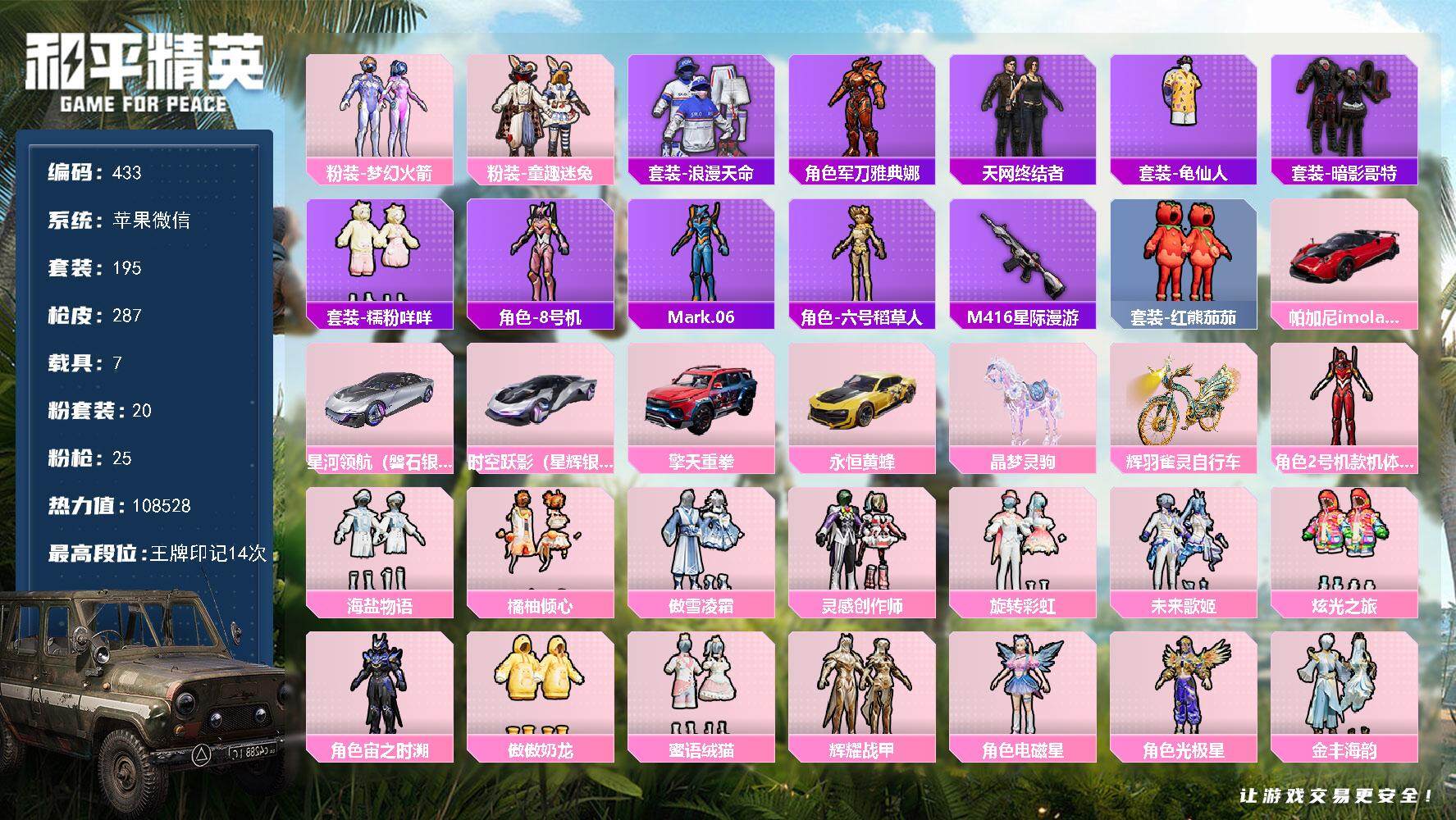 和平精英账号苹果微信7载具-195套装-287枪皮-195套装/枪械25/装备384/载具7/战备219/王牌印记14/