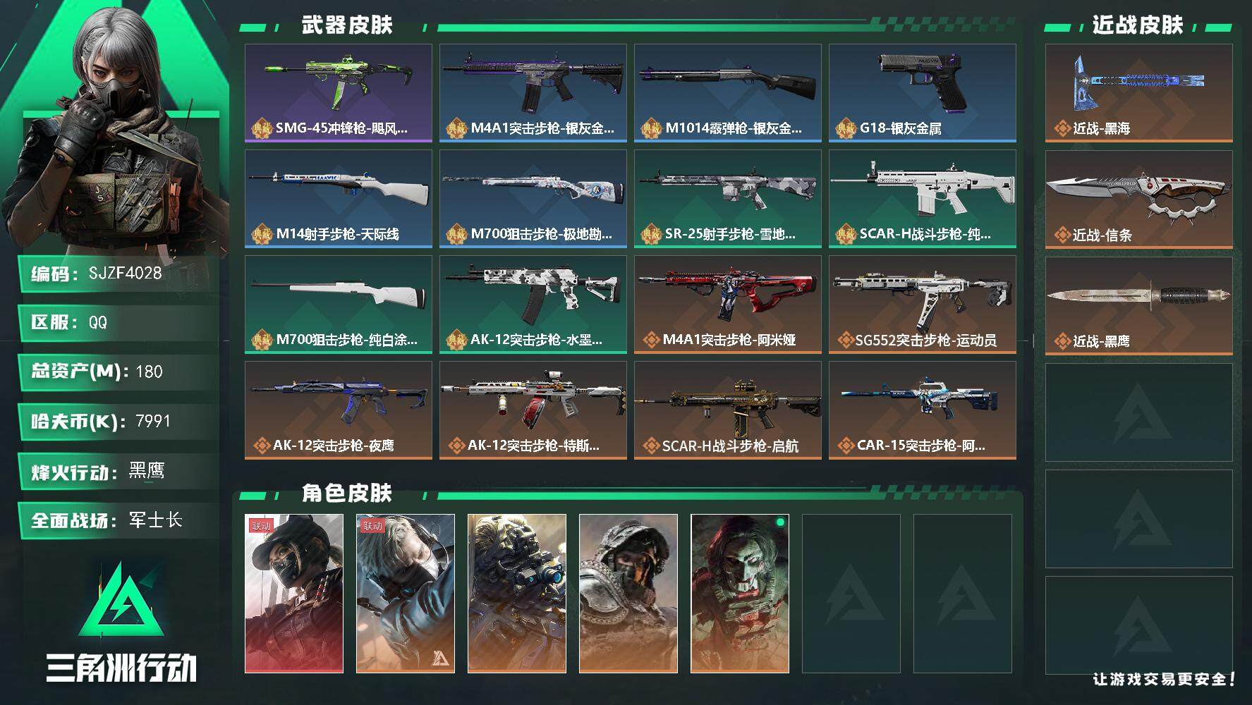 三角洲行动账号QQ【SJZF4028】总资产(M)：180M/哈夫币(K)：7991K/哈夫币(K)：7991K/全面战场等级：50_段位：军士长/烽火地带等级：60_段位：黑鹰/露娜-黑·天际线/蜂医-送葬人·无题