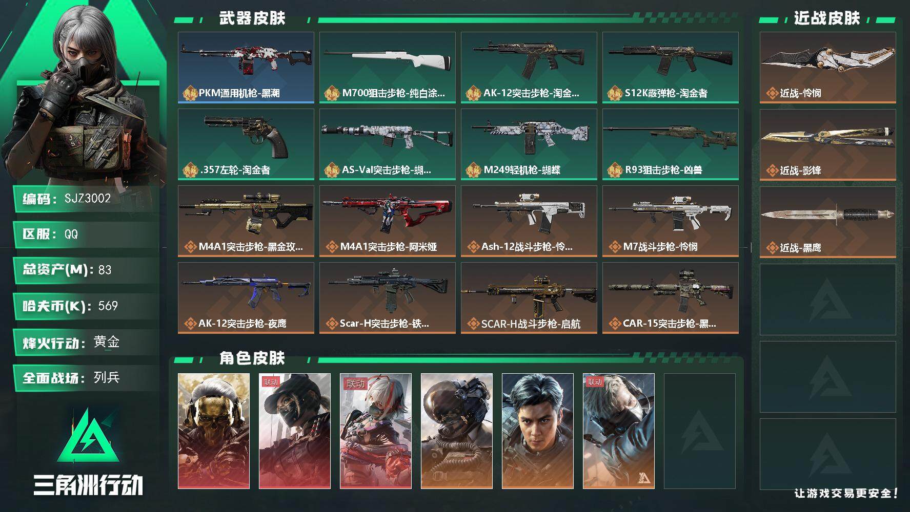 三角洲行动账号QQ【SJZ3002】总资产(M)：83M/哈夫币(K)：569K/哈夫币(K)：569K/全面战场等级：35_段位：列兵/烽火地带等级：60_段位：黄金/红狼-蚀金玫瑰/露娜-黑·天际线/骇爪-维什戴