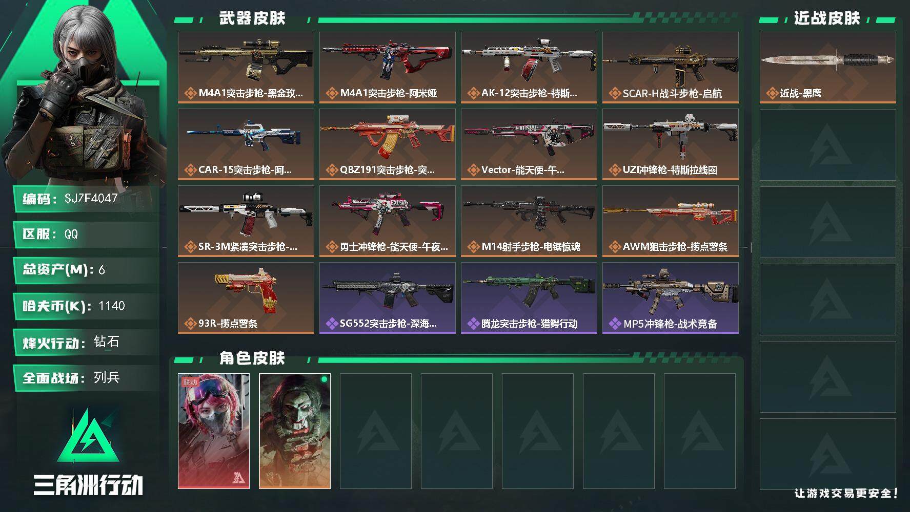 三角洲行动账号QQ【SJZF4047】总资产(M)：6M/哈夫币(K)：1140K/哈夫币(K)：1140K/全面战场