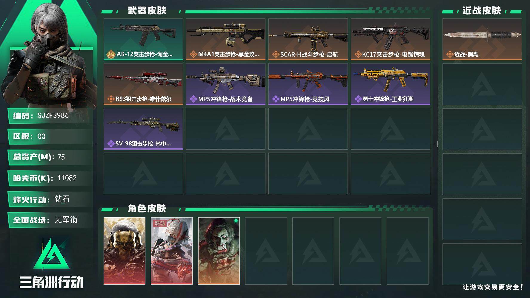 三角洲行动账号QQ【SJZF3986】总资产(M)：75M/哈夫币(K)：11082K/哈夫币(K)：11082K/传说枪皮数：4/全面战场等级：1_段位：无段位/烽火地带等级：44_段位：钻石/红狼-蚀金玫瑰/骇爪