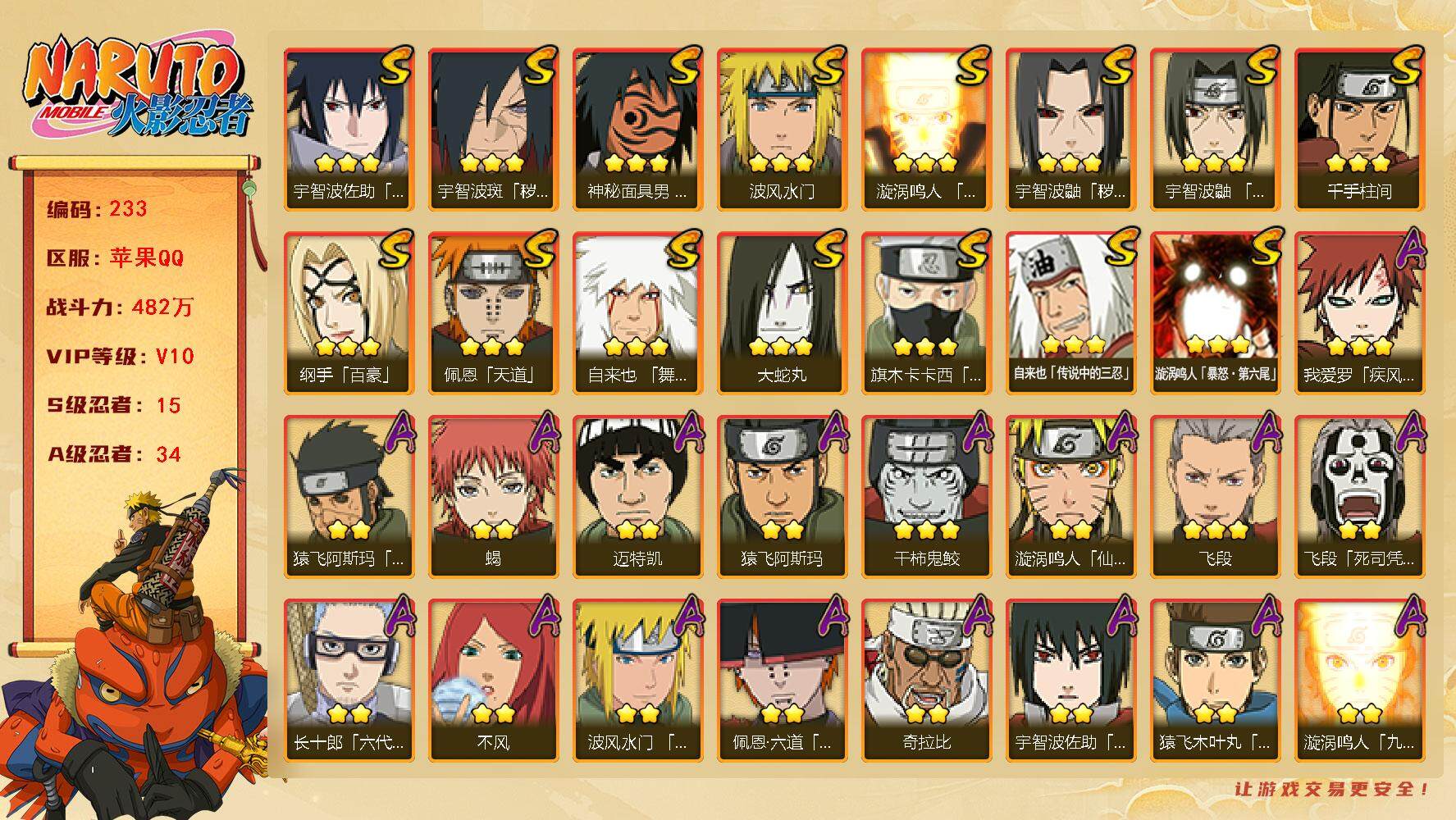 火影忍者账号苹果QQV10 482万战力 15S-34A 止水92片 创立柱间70片 白面具54片 四代目雷影51片 桃式60片 LL5420
【S级忍者】：宇智波鼬「秽土转生」(3星)，宇智波斑「秽土转生·解」(3星