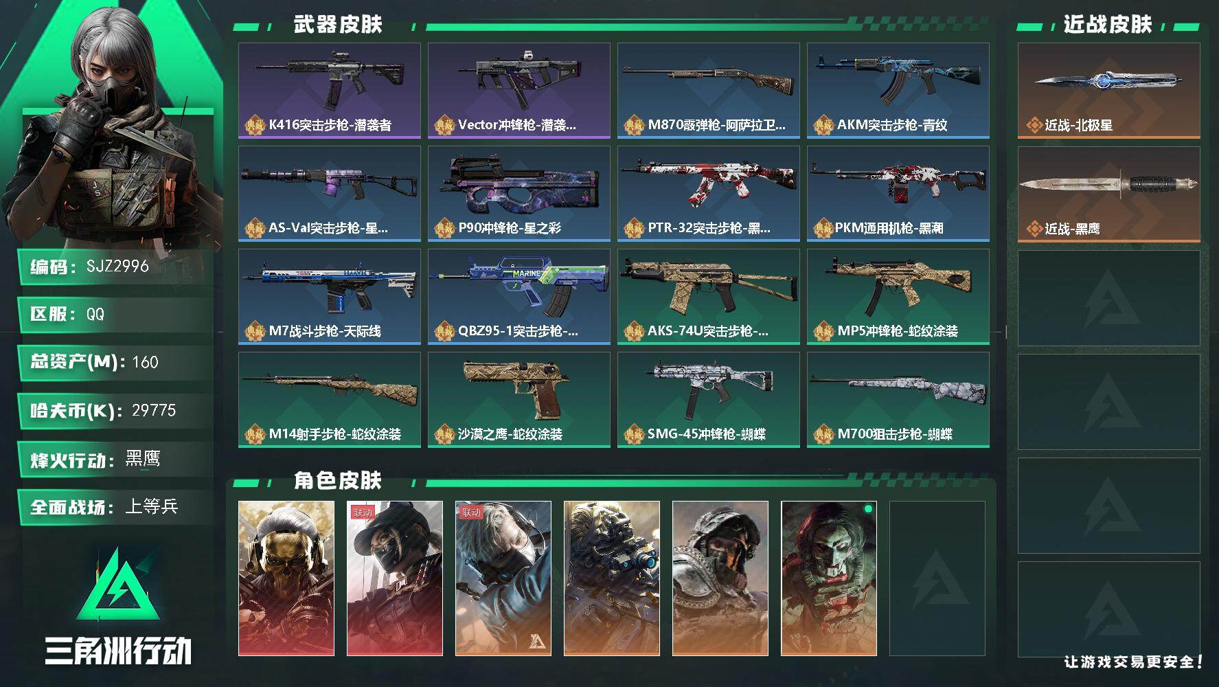 三角洲行动账号QQ【SJZ2996】总资产(M)：160M/哈夫币(K)：29775K/哈夫币(K)：29775K/全