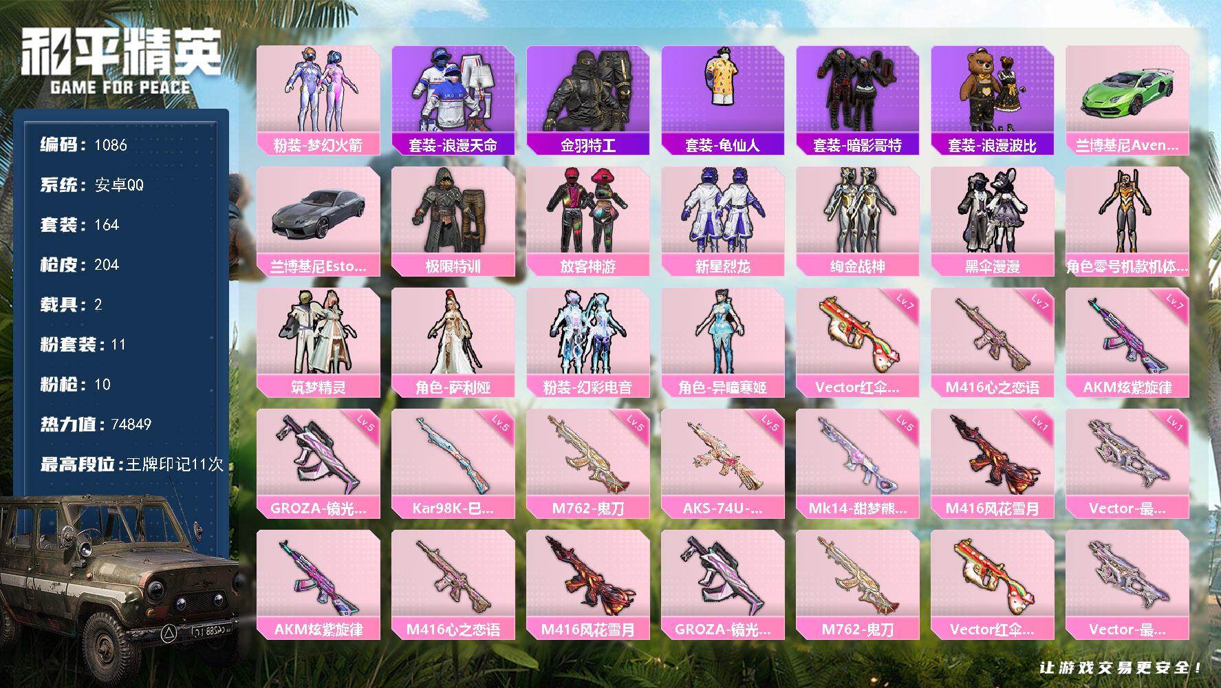 和平精英账号安卓QQ2载具-164套装-204枪皮-164套装/枪械10/装备266/载具2/战备135/王牌印记11/