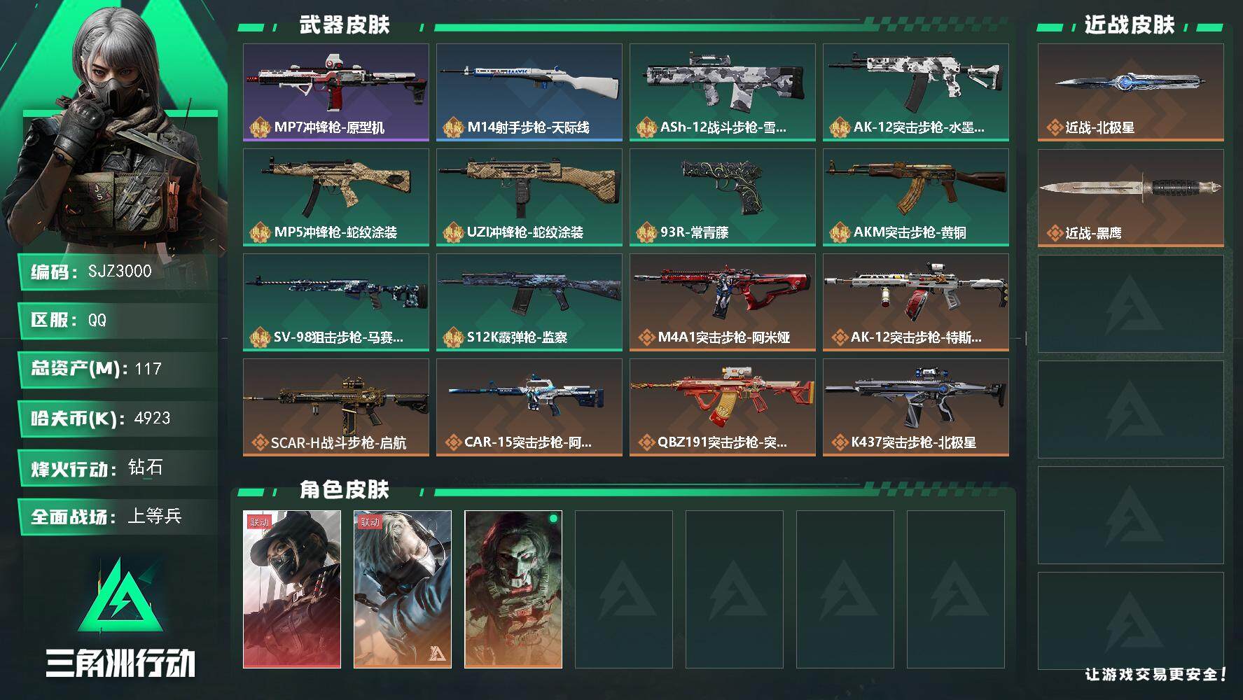 三角洲行动账号QQ【SJZ3000】总资产(M)：117M/哈夫币(K)：4923K/哈夫币(K)：4923K/全面战