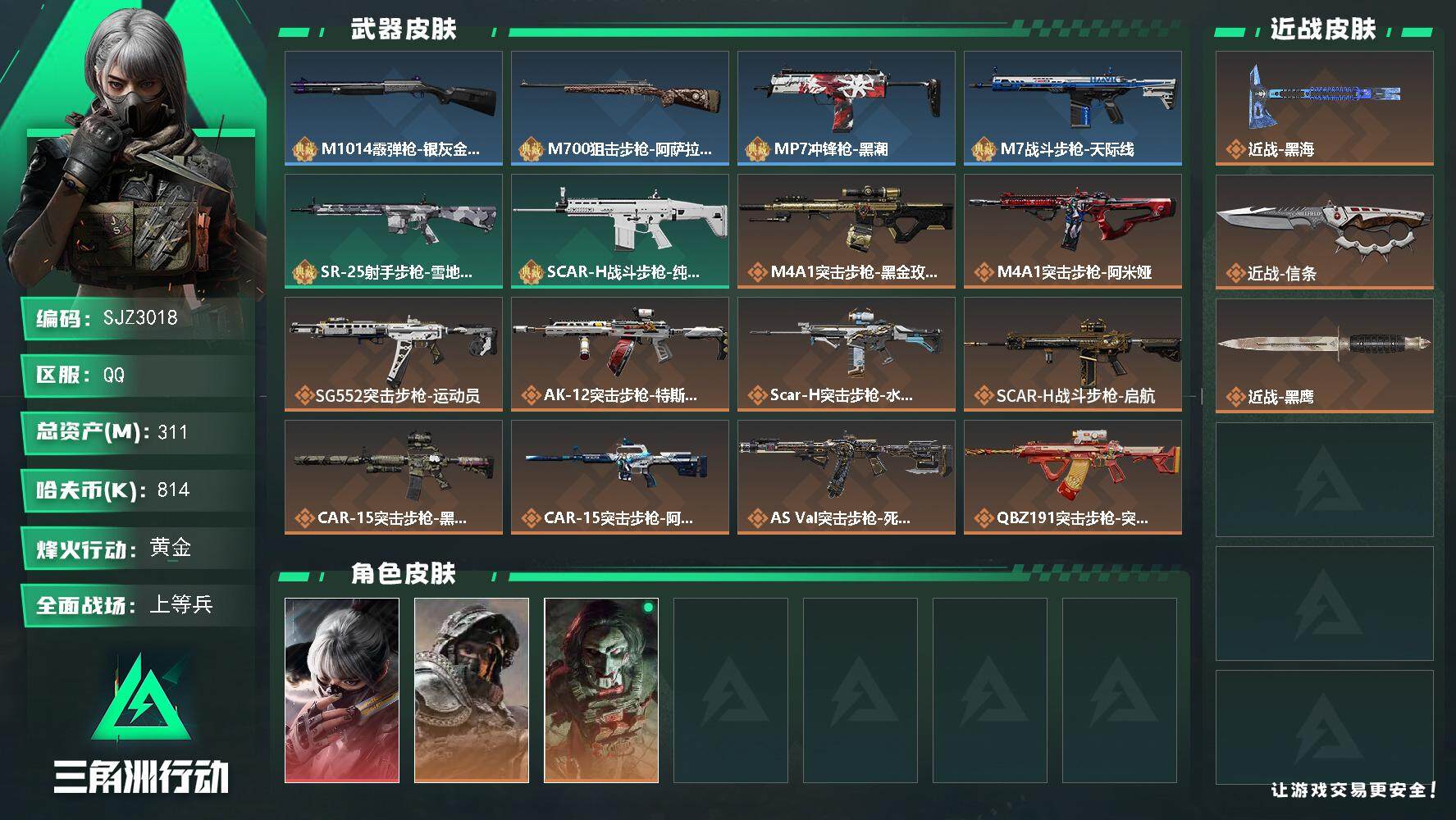 三角洲行动账号QQ【SJZ3018】总资产(M)：311M/哈夫币(K)：814K/哈夫币(K)：814K/全面战场等