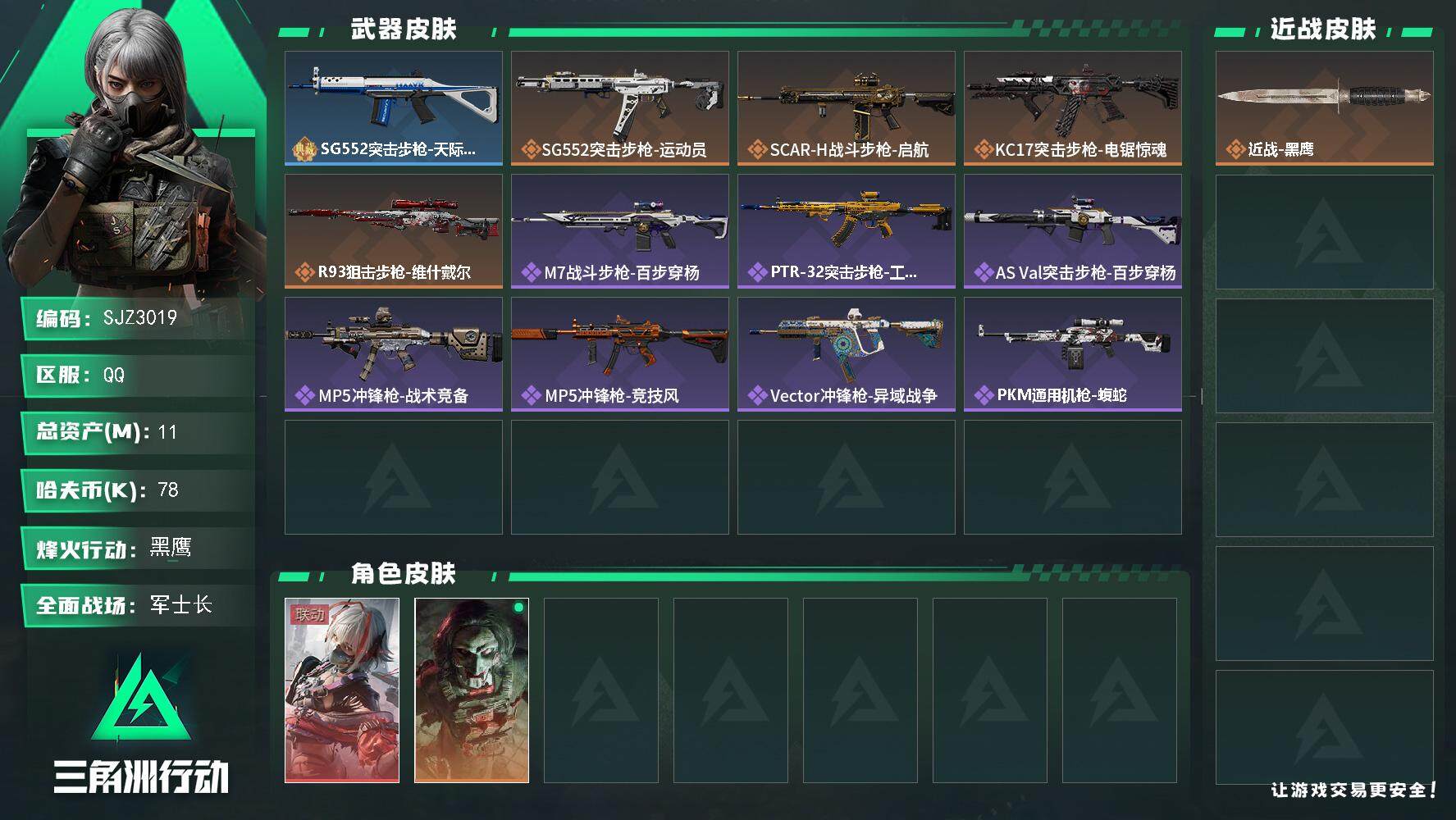 三角洲行动账号QQ【SJZ3019】总资产(M)：11M/哈夫币(K)：78K/哈夫币(K)：78K/传说枪皮数：4/全面战场等级：40_段位：军士长/烽火地带等级：60_段位：黑鹰/骇爪-维什戴尔/红狼-电锯惊魂/