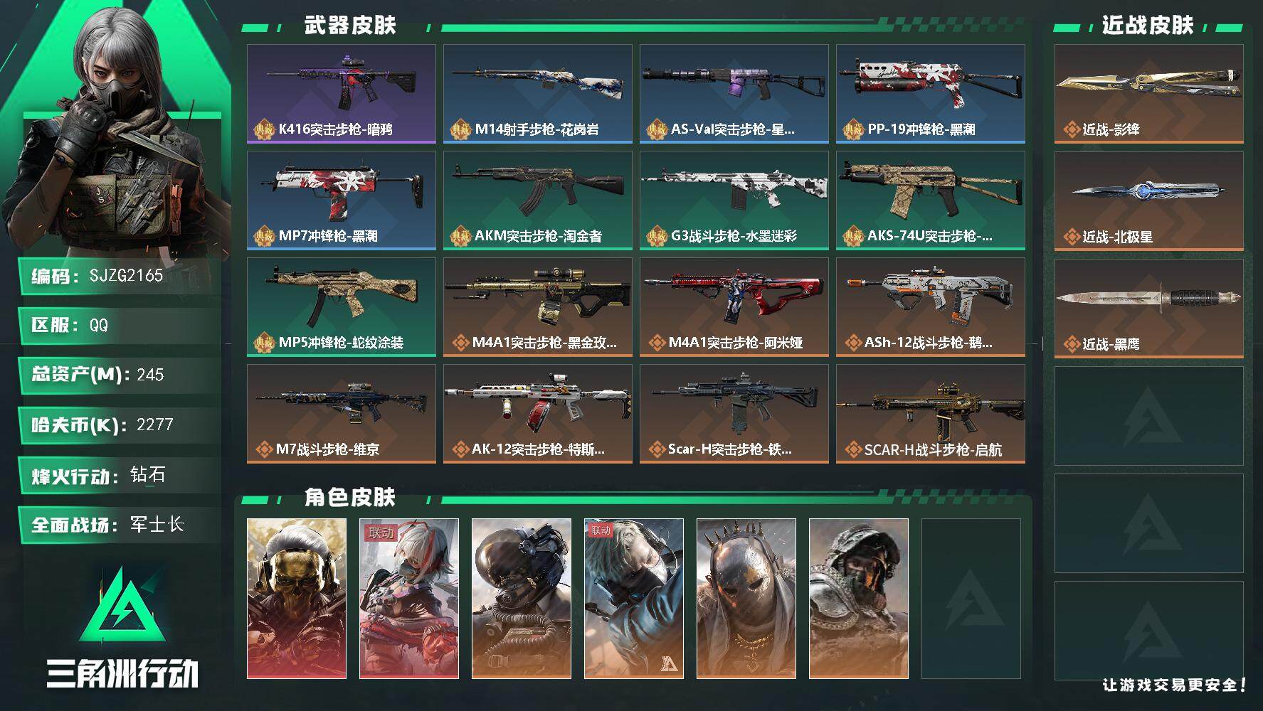 三角洲行动账号QQ【SJZG2165】总资产(M)：245M/哈夫币(K)：2277K/哈夫币(K)：2277K/传说枪皮数：31/全面战场等级：46_段位：军士长/烽火地带等级：60_段位：钻石/红狼-蚀金玫瑰/骇