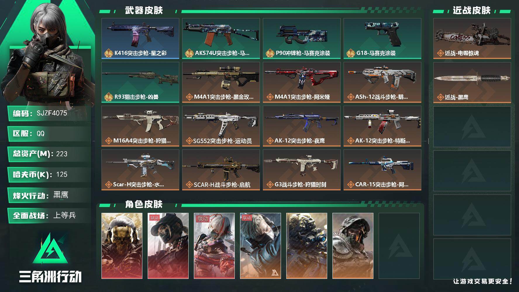 三角洲行动账号QQ【SJZF4075】总资产(M)：223M/哈夫币(K)：125K/哈夫币(K)：125K/传说枪皮数：24/全面战场等级：30_段位：上等兵/烽火地带等级：60_段位：黑鹰/红狼-蚀金玫瑰/露娜-