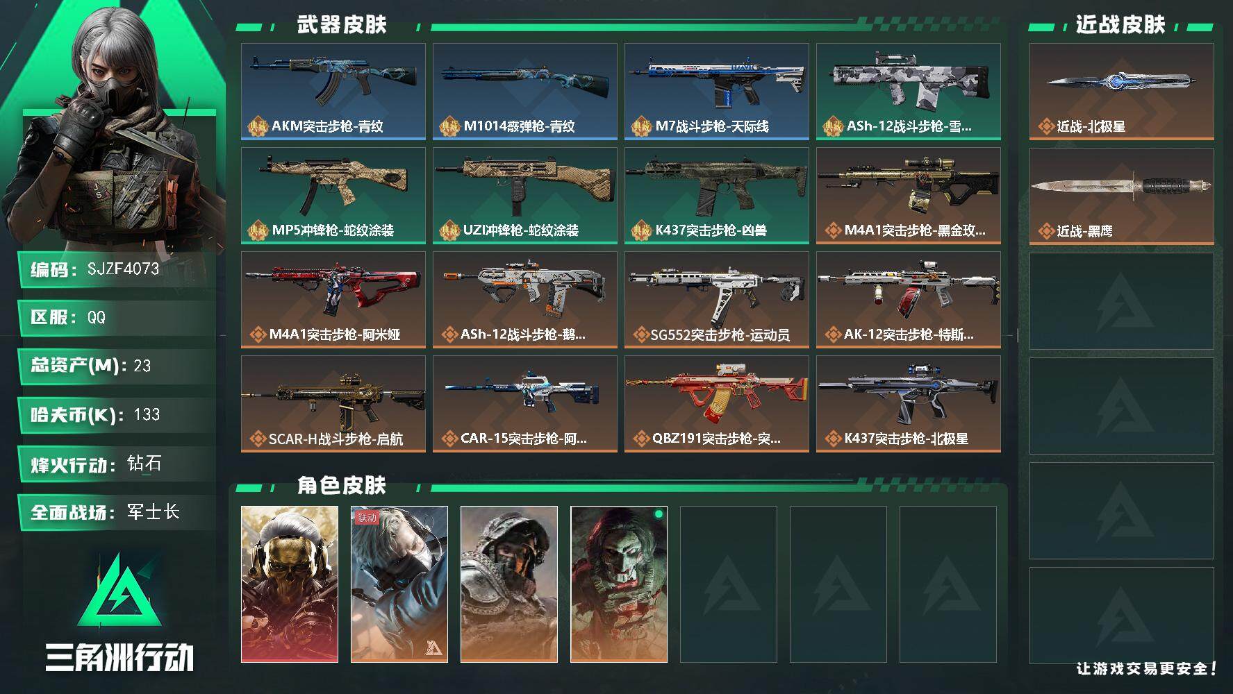 三角洲行动账号QQ【SJZF4073】总资产(M)：23M/哈夫币(K)：133K/哈夫币(K)：133K/传说枪皮数：24/全面战场等级：32_段位：军士长/烽火地带等级：60_段位：钻石/红狼-蚀金玫瑰/蜂医-送