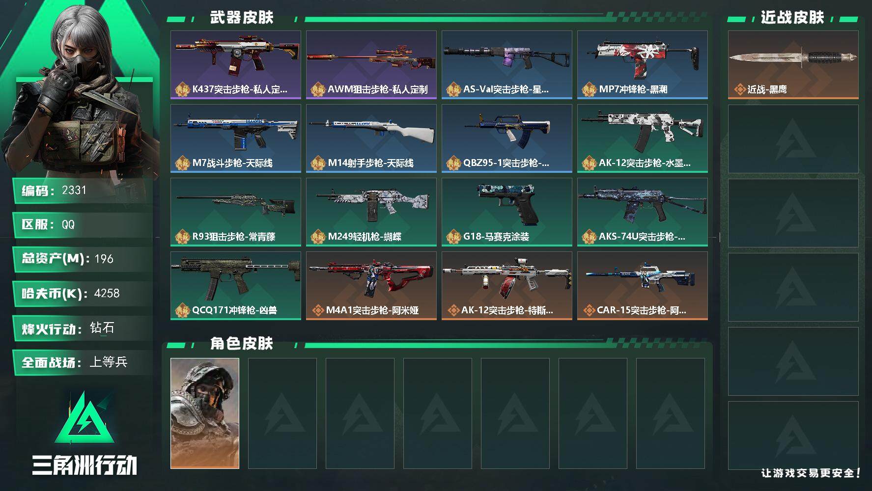 三角洲行动账号QQ总资产(M)：196M/哈夫币(K)：4258K/哈夫币(K)：4258K/全面战场等级：26_段位