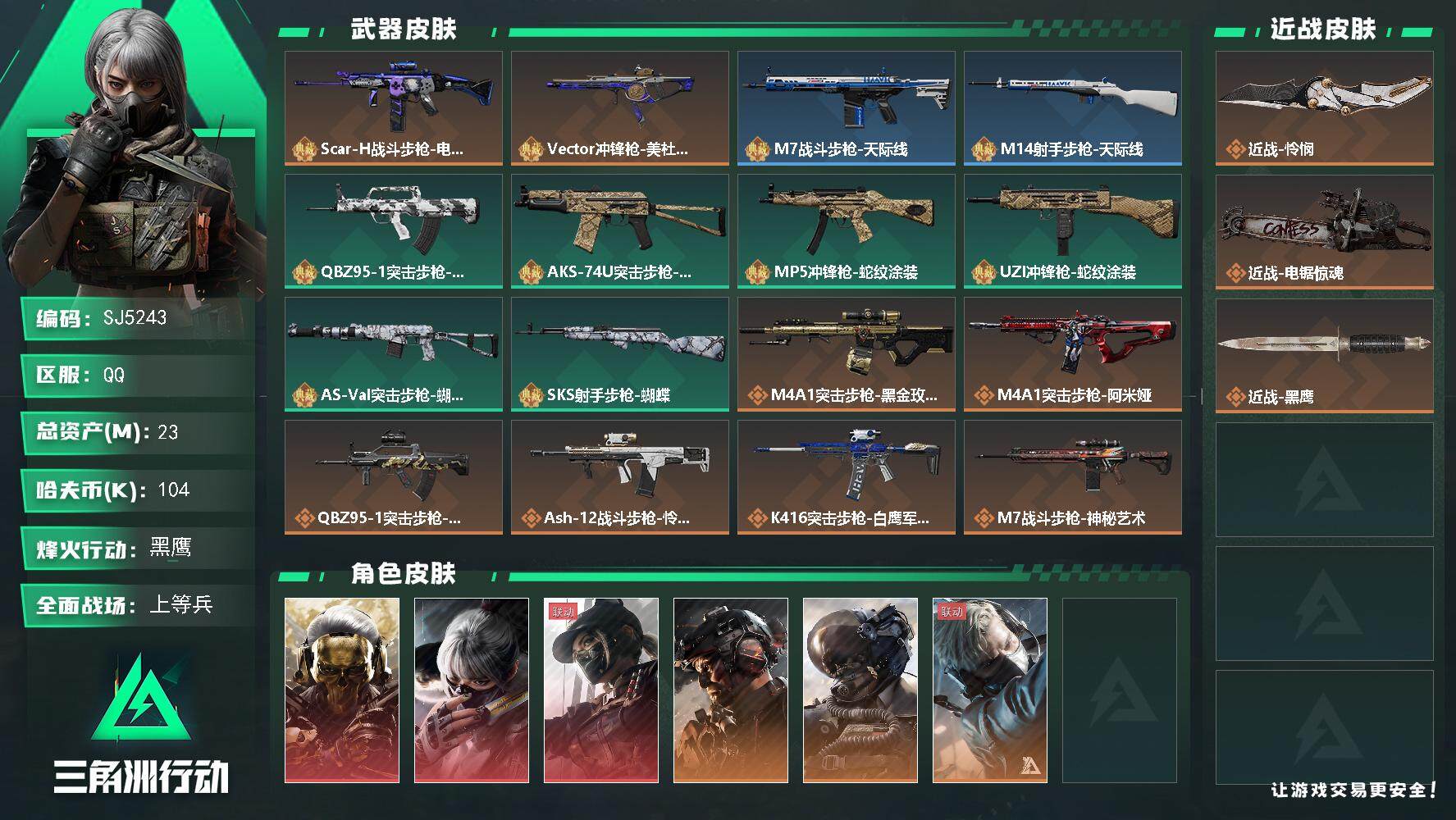 三角洲行动账号QQ【SJ5243】总资产(M)：23M/哈夫币(K)：104K/哈夫币(K)：104K/全面战场等级：