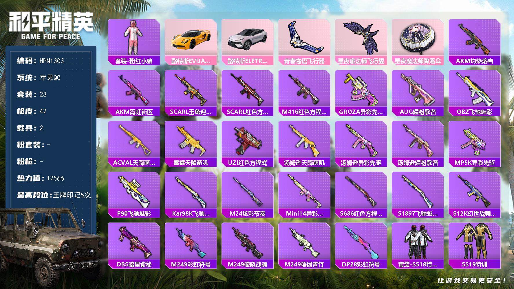 和平精英账号苹果QQ2载具-23套装-42枪皮-【HPN1303】23套装/装备34/载具2/战备42/王牌印记5/热力