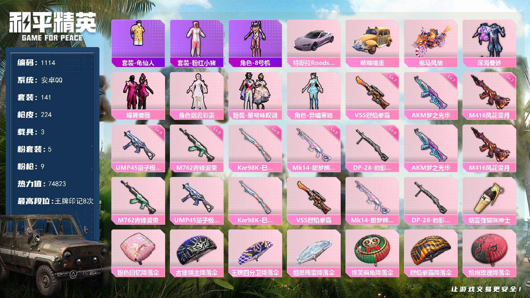 和平精英账号安卓QQ3载具-141套装-224枪皮-141套装/枪械9/装备299/载具3/战备135/王牌印记8/热力