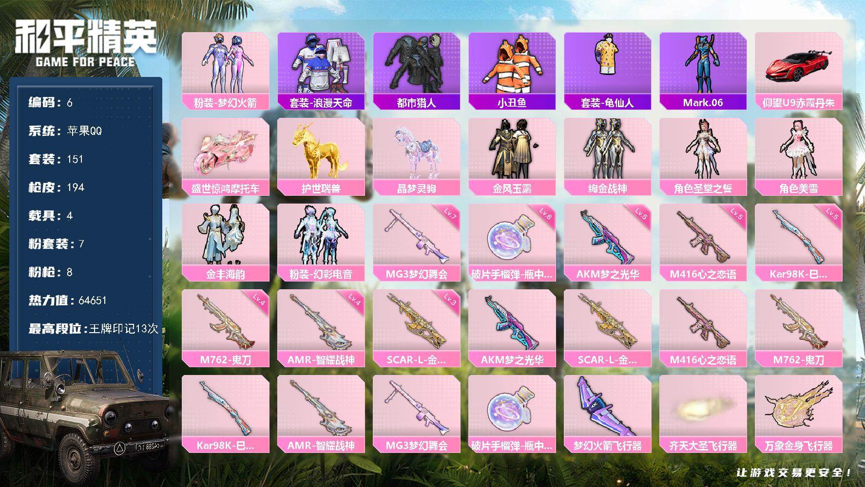 和平精英账号苹果QQ4载具-151套装-194枪皮-苹果 手Q-7粉装-8特效枪-4载具-5粉色飞行器-64651热力值
