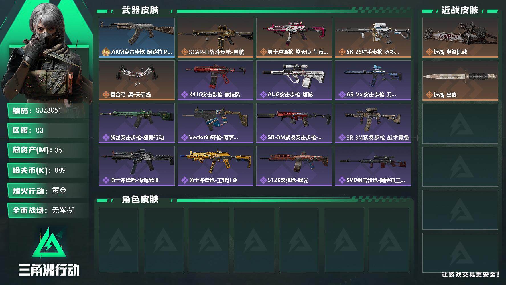 三角洲行动账号QQ【SJZ3051】总资产(M)：36M/哈夫币(K)：889K/哈夫币(K)：889K/传说枪皮数：