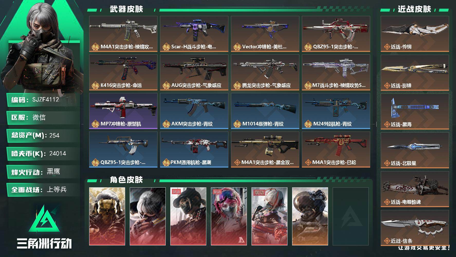 三角洲行动账号VX【SJZF4112】总资产(M)：254M/哈夫币(K)：24014K/哈夫币(K)：24014K/全面战场等级：48_段位：上等兵/烽火地带等级：60_段位：黑鹰/红狼-蚀金玫瑰/骇爪-水墨云图/