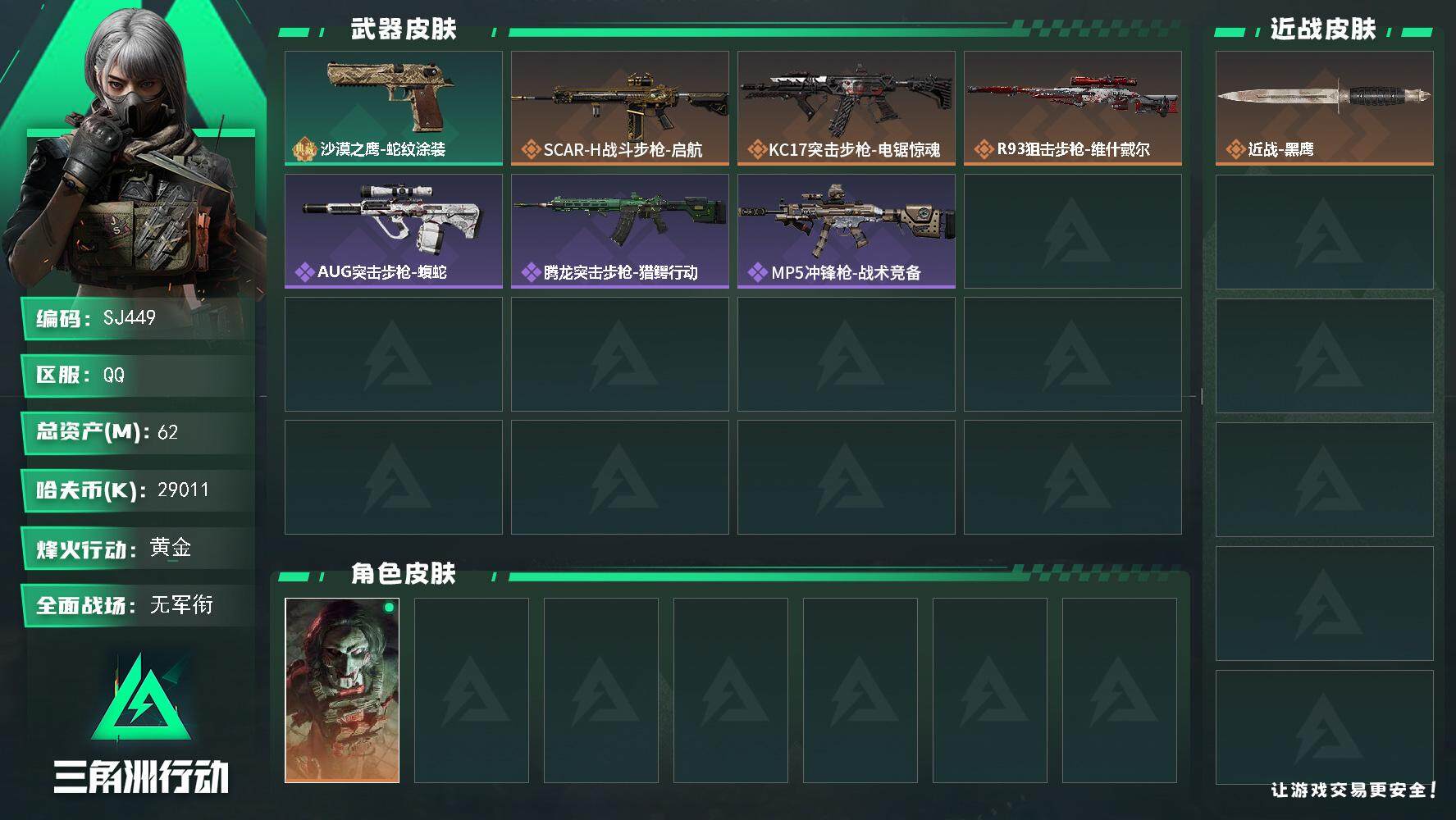 三角洲行动账号QQ29011k哈伏币-55m流动资产-46烽火等级-黄金-1战场等级-无军衔
【干员外观】：红狼-电锯