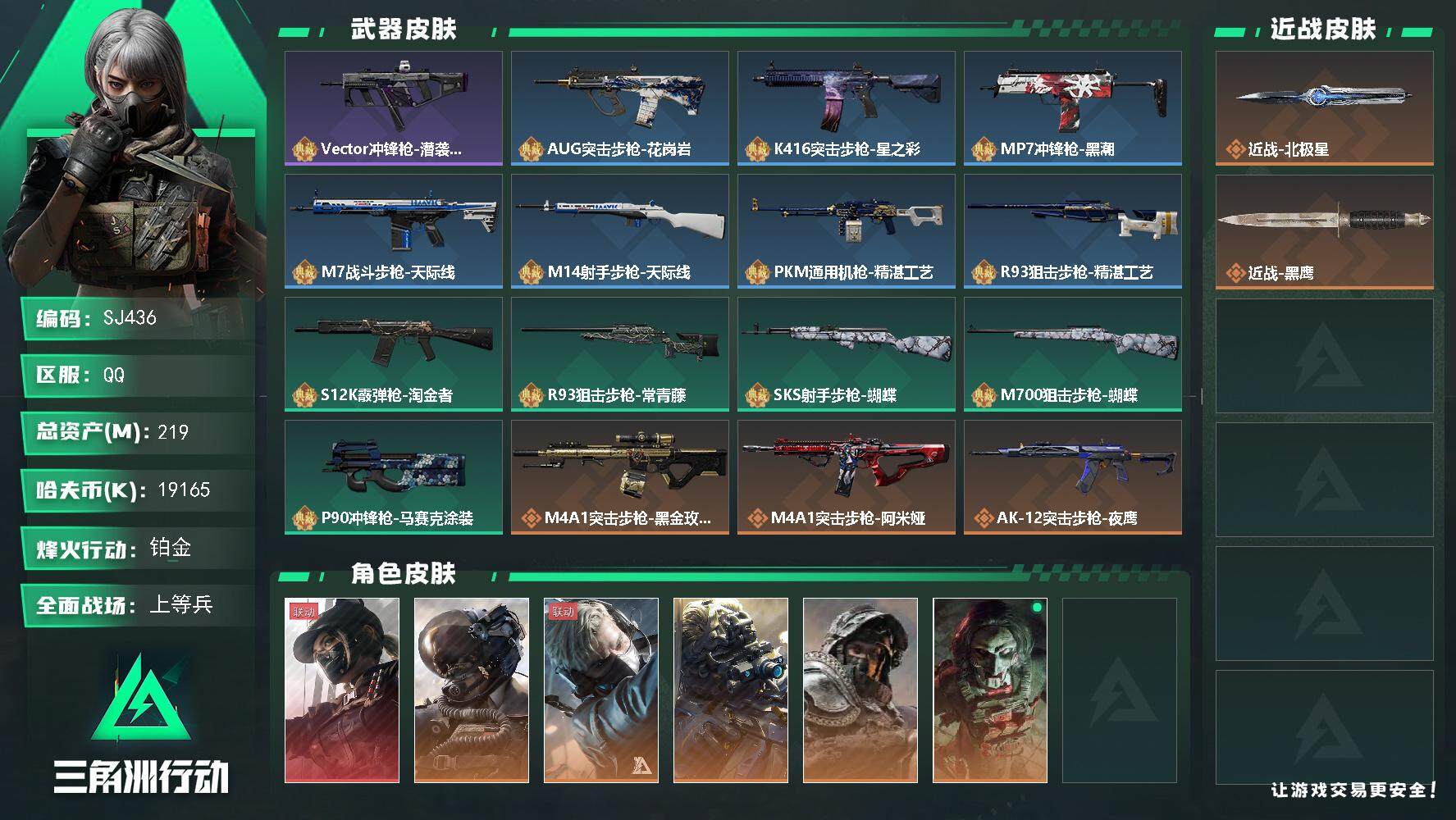 三角洲行动账号QQ60级总资产219M流动资产191M 刀皮-北极星 干员皮肤-电锯惊魂 壮志凌云 无名夜鹰 蜂医送葬