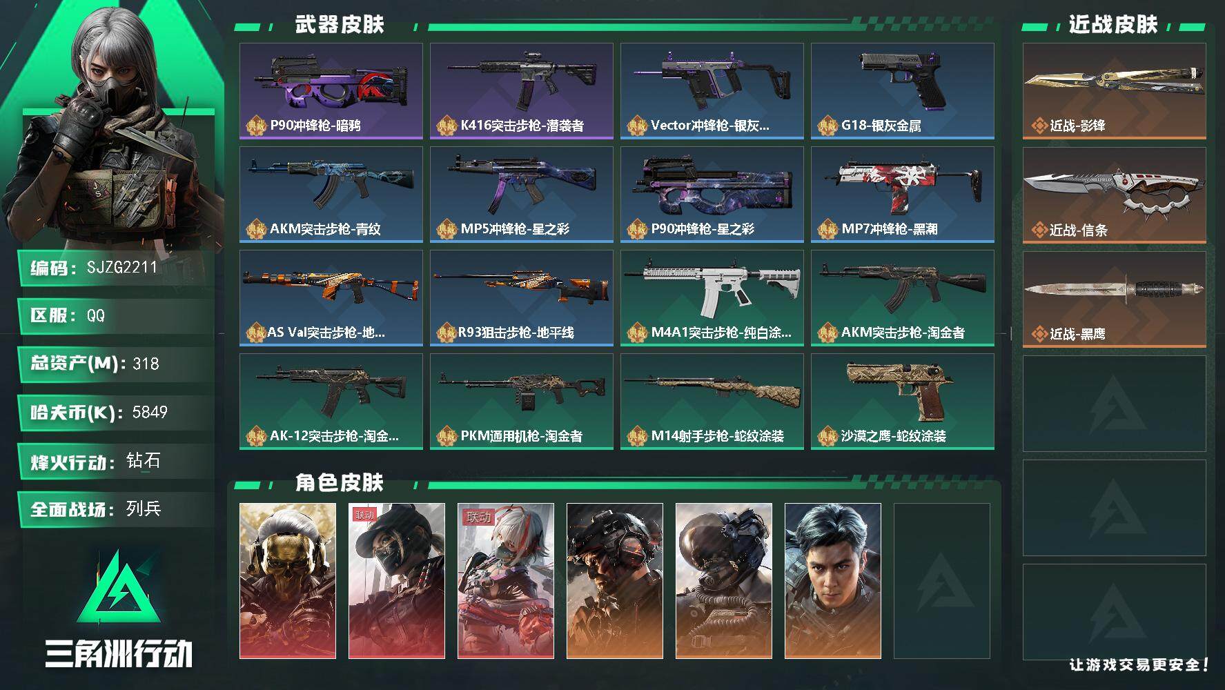 三角洲行动账号QQ【SJZG2211】总资产(M)：318M/哈夫币(K)：5849K/哈夫币(K)：5849K/全面