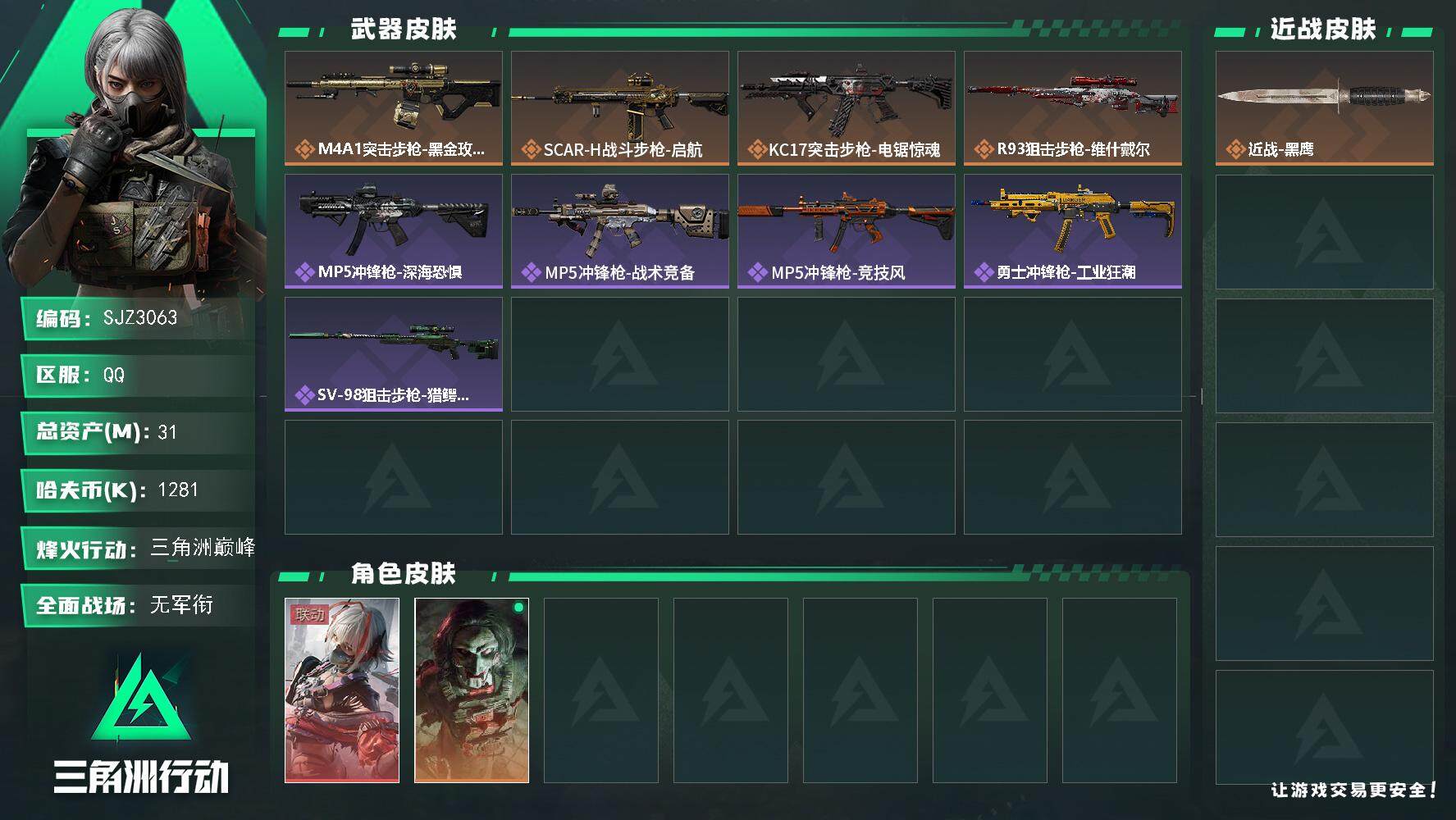 三角洲行动账号QQ【SJZ3063】总资产(M)：31M/哈夫币(K)：1281K/哈夫币(K)：1281K/全面战场