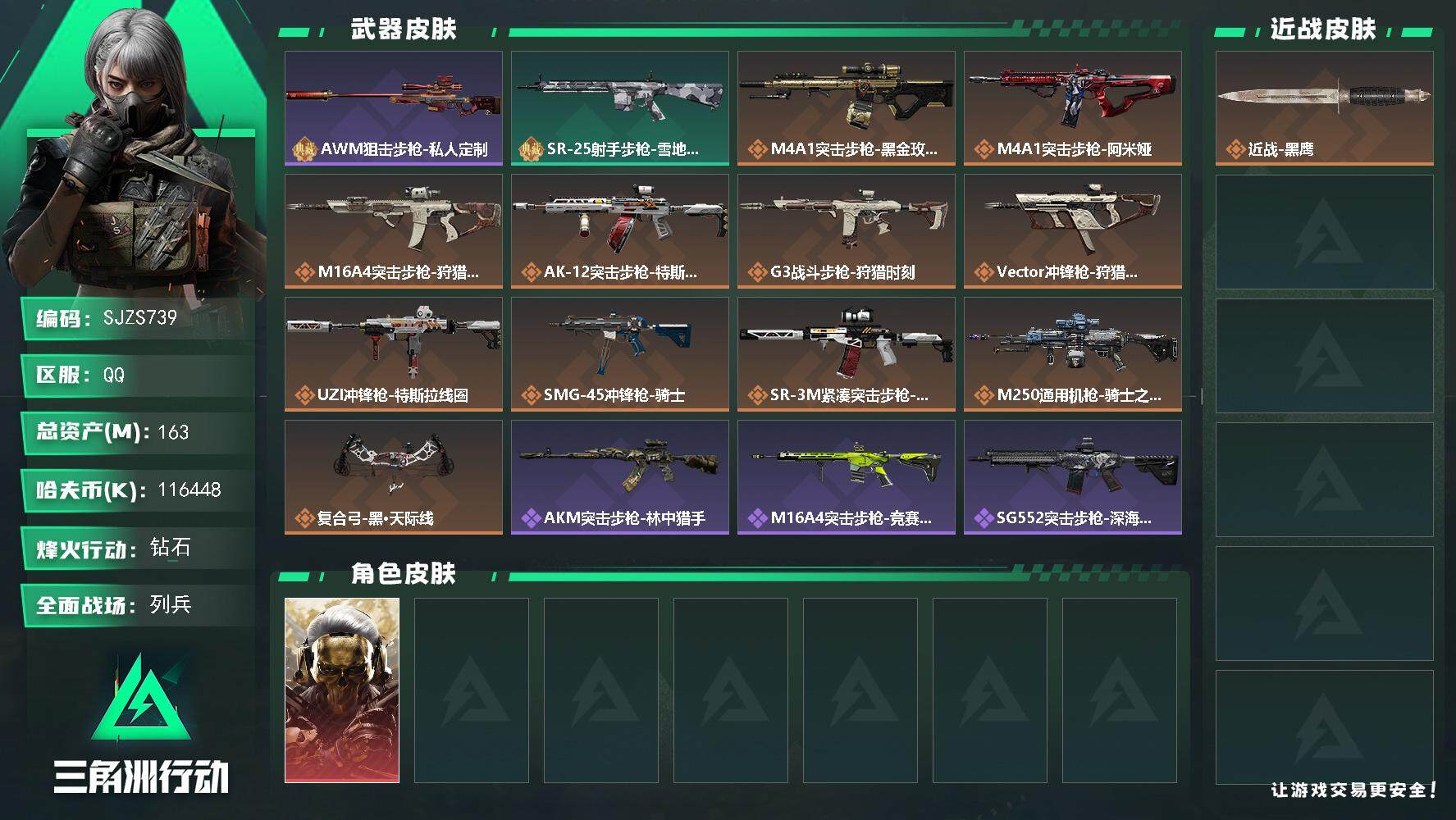 三角洲行动账号QQ【SJZS739】总资产(M)：163M/哈夫币(K)：116448K/哈夫币(K)：116448K/传说枪皮数：14/全面战场等级：9_段位：列兵/烽火地带等级：51_段位：钻石/红狼-蚀金玫瑰/