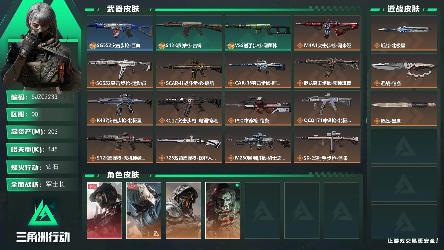 三角洲行动账号QQ【SJZG2233】总资产(M)：203M/哈夫币(K)：145K/哈夫币(K)：145K/传说枪皮数：14/全面战场等级：25_段位：军士长/烽火地带等级：60_段位：钻石/露娜-黑·天际线/蜂医