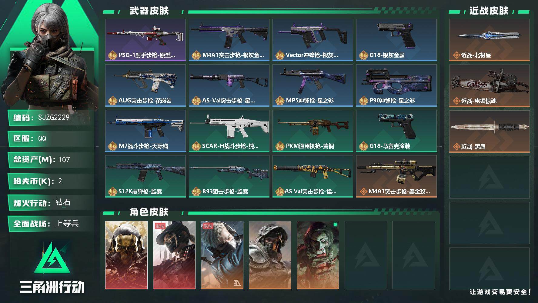 三角洲行动账号QQ【SJZG2229】总资产(M)：107M/哈夫币(K)：2K/哈夫币(K)：2K/全面战场等级：5