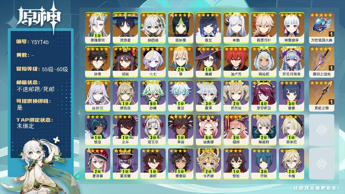 原神账号官服 天空岛【YSYT45】58级/男主/18个五星角色/0命丝柯克/0命梦见月瑞希/0命玛拉妮/1命那维莱特/0命流浪者/0命纳西妲/0命提纳里/0命夜兰/0命申鹤/0命神里绫华/0命枫原万叶/0命胡桃/0命