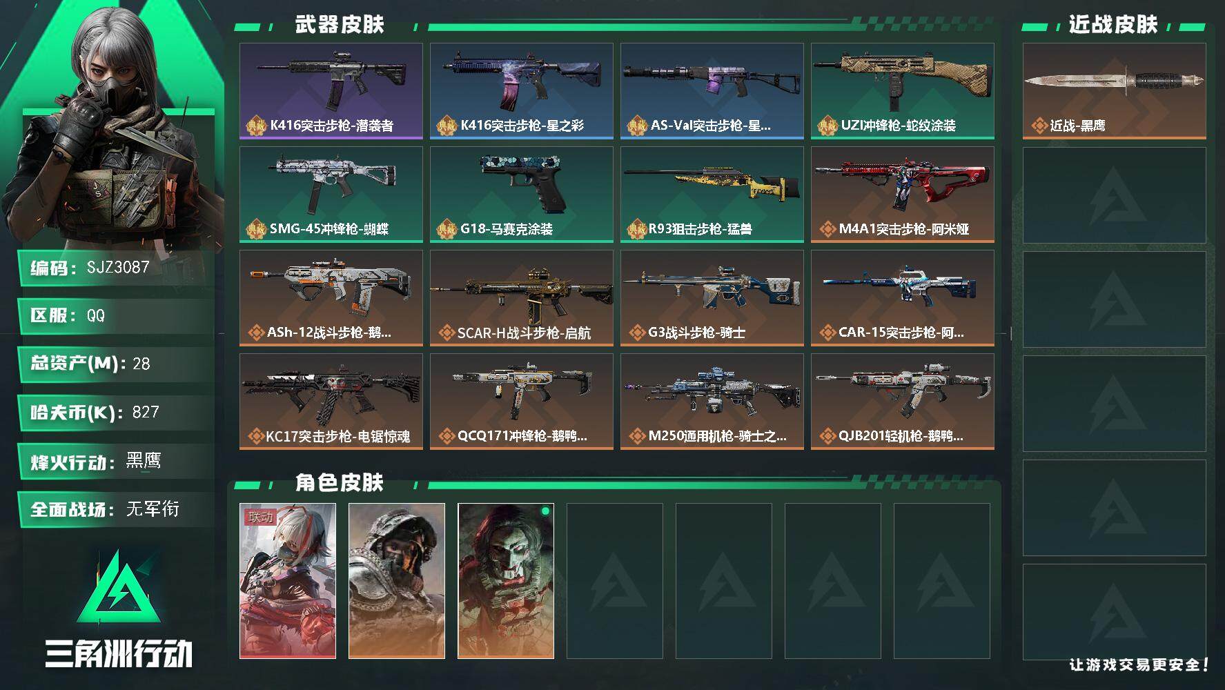 三角洲行动账号QQ【SJZ3087】总资产(M)：28M/哈夫币(K)：827K/哈夫币(K)：827K/全面战场等级