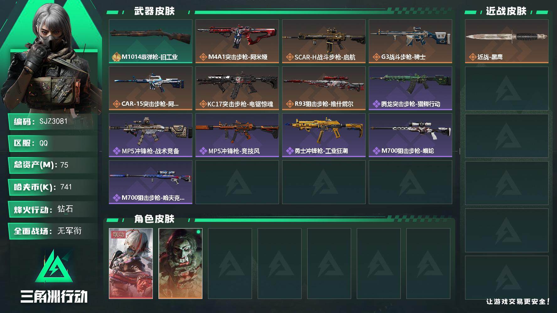 三角洲行动账号QQ【SJZ3081】总资产(M)：75M/哈夫币(K)：741K/哈夫币(K)：741K/传说枪皮数：